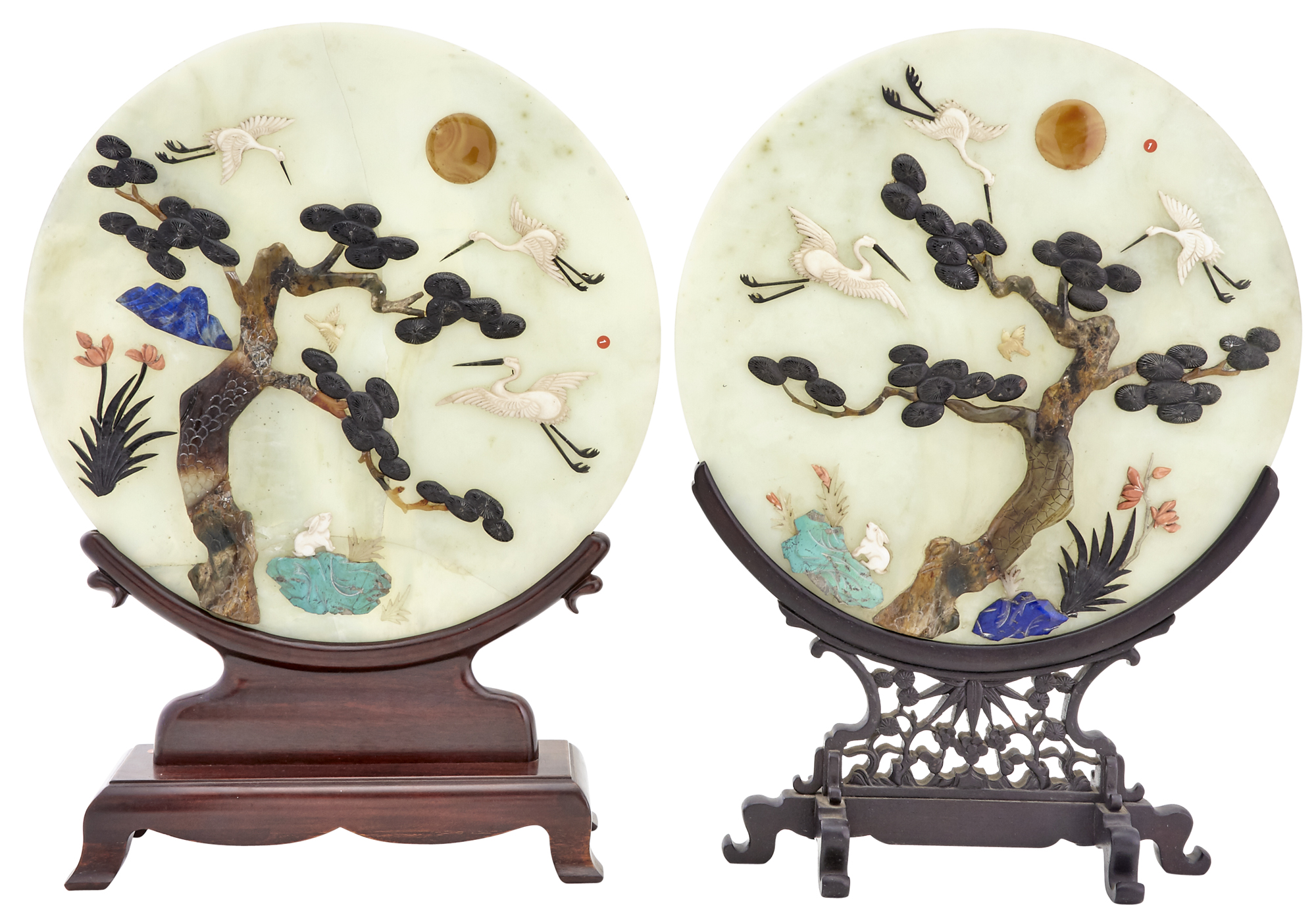 Lot image - A Pair of Chinese Hardstone-Embellished Celadon Jade Circular Table Screens