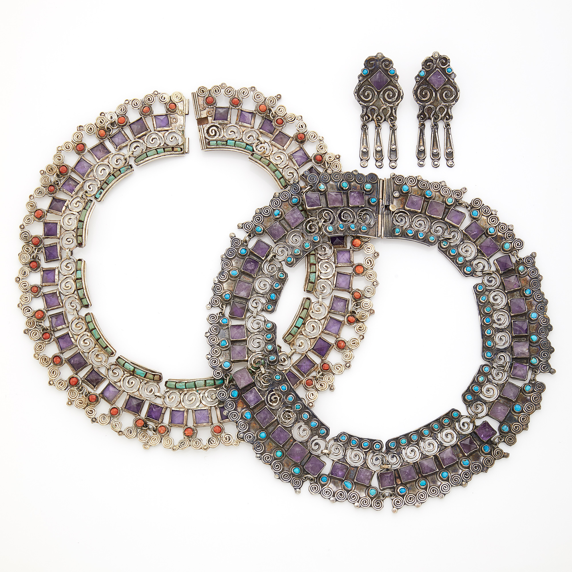 Lot image - Two Silver, Amethyst, Turquoise and Coral Necklaces and Pair of Earclips