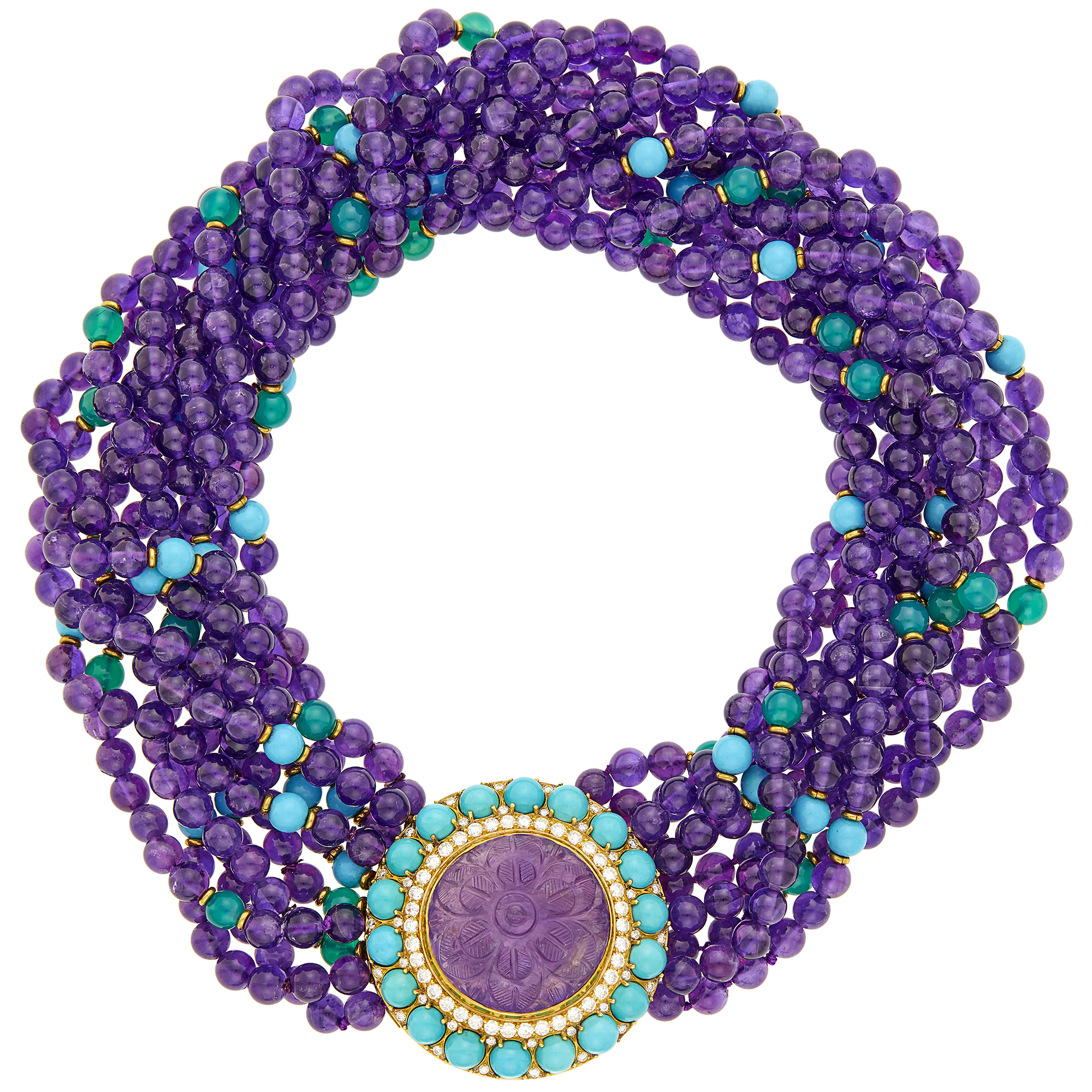 Lot image - Ten Strand Amethyst, Turquoise and Green Onyx Bead, Carved Amethyst, Turquoise and Diamond Torsade Necklace with Pendant-Brooch
