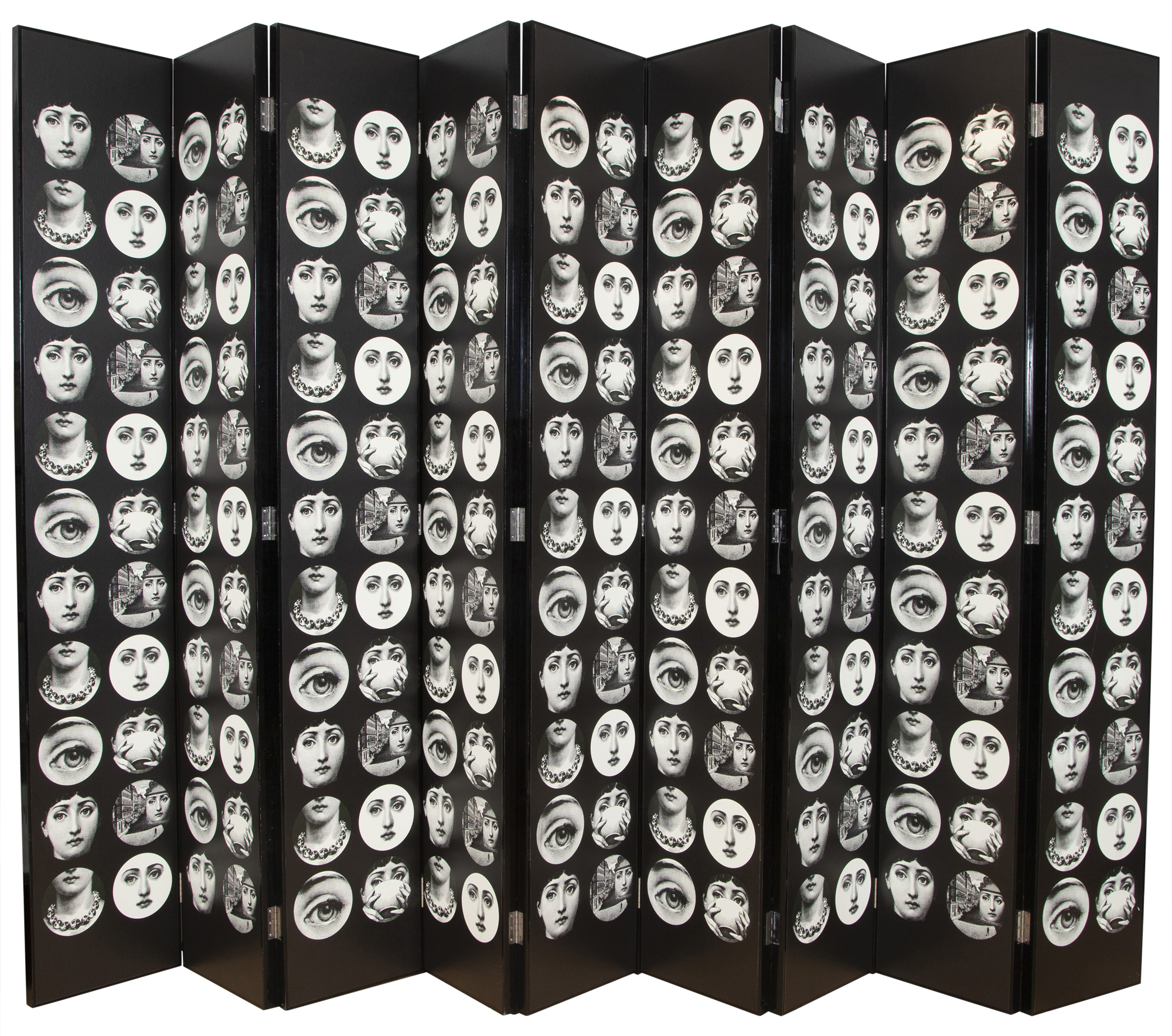 Lot image - Nine-Panel Fornasetti Black Lacquer and Printed Paper Screen