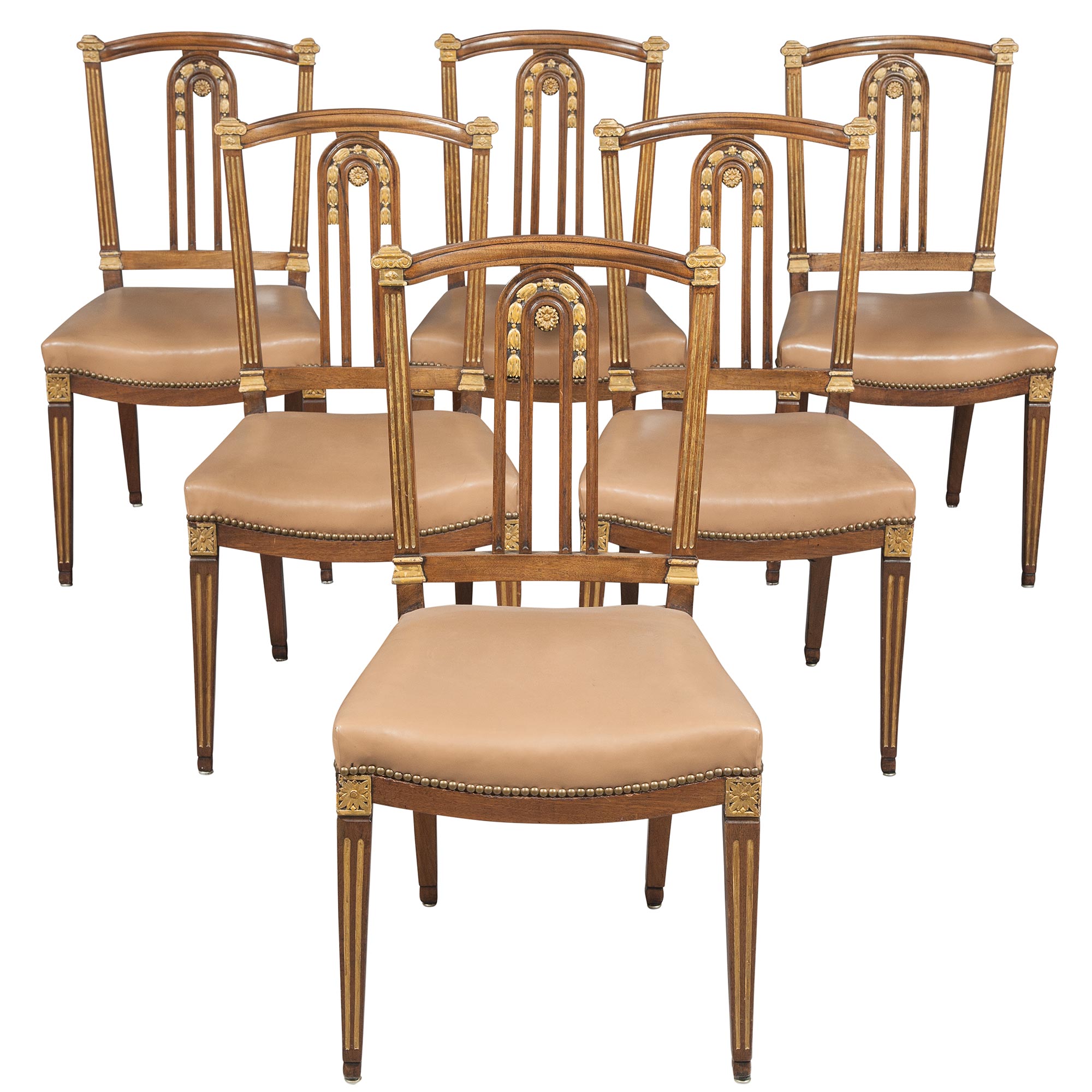 Lot image - Set of Six Continental Neoclassical Walnut and Parcel Gilt Dining Side Chairs