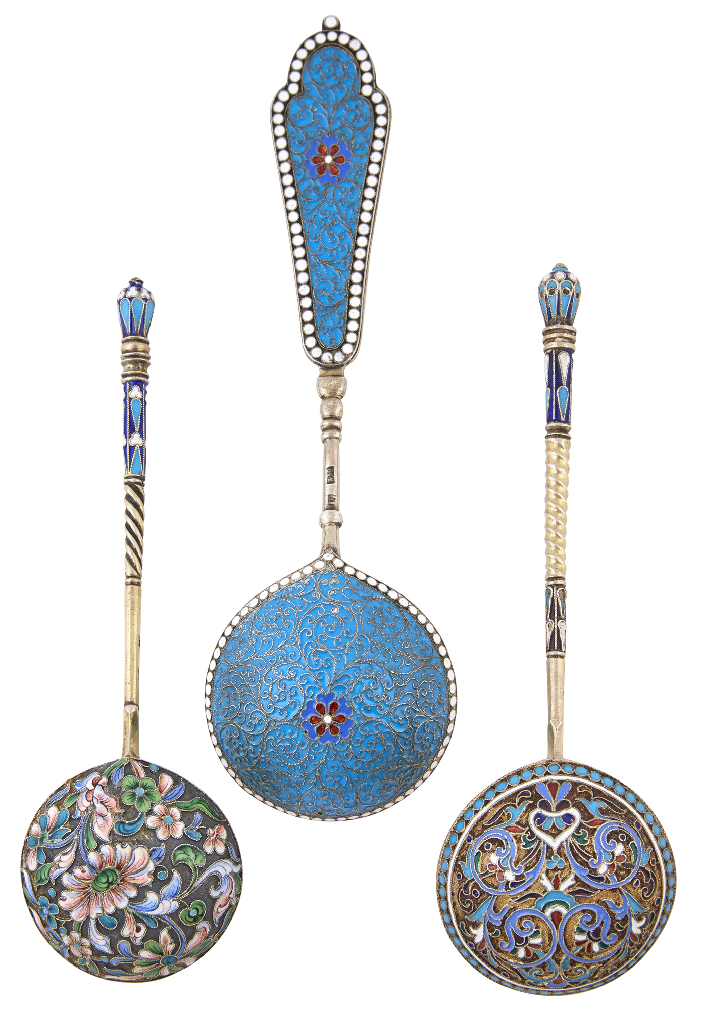 Lot image - Three Russian Silver-Gilt and Cloisonné Enamel Serving Spoons
