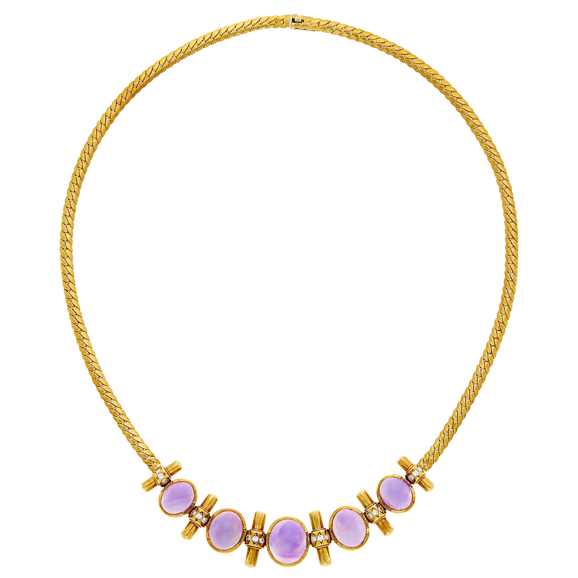 Lot image - Gold, Cabochon Amethyst and Diamond Necklace