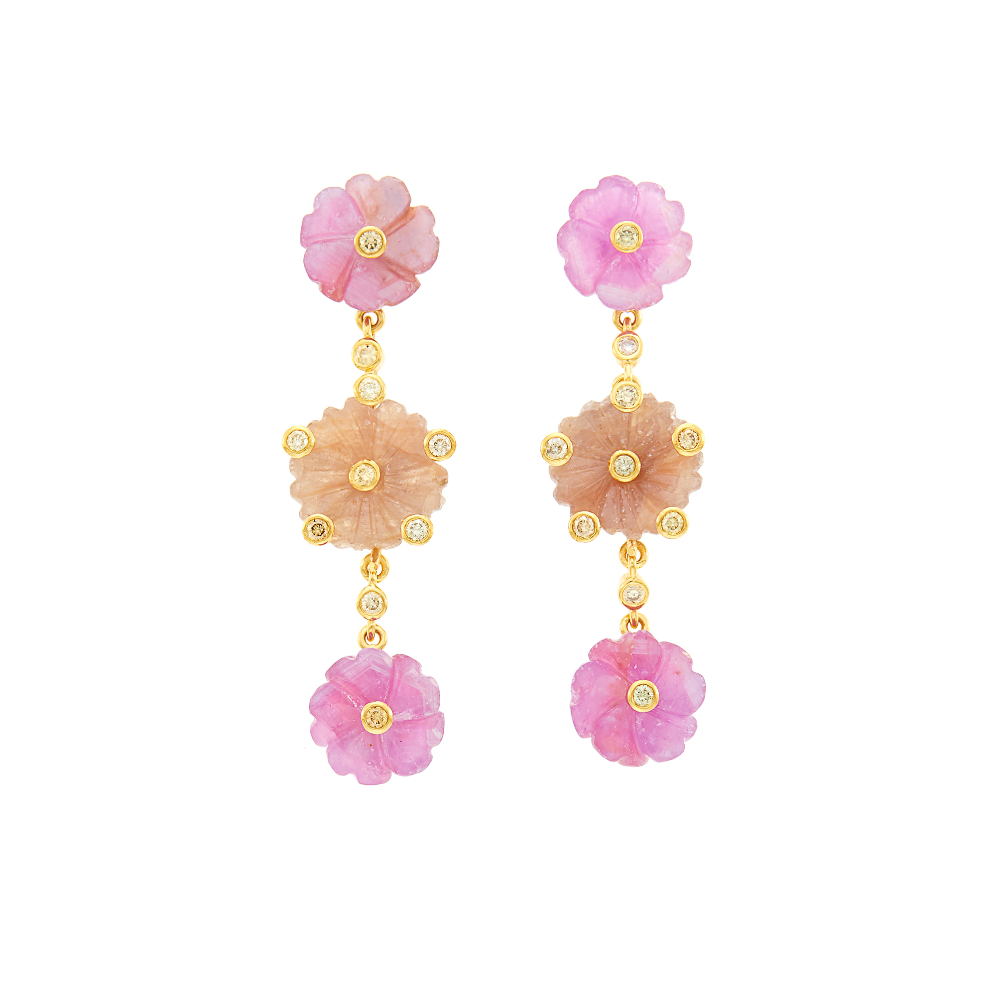 Lot image - Pair of Gold, Carved Pink Sapphire and Yellow Diamond Pendant-Earrings