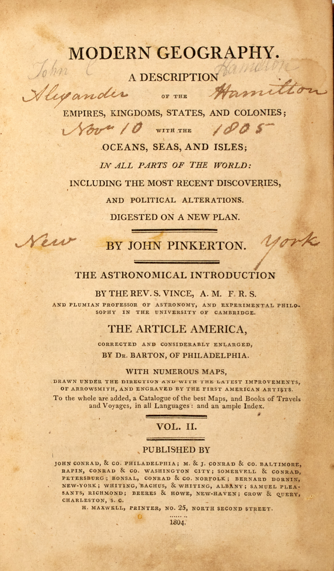 Lot image - [HAMILTON, ALEXANDER]  The 1805 signature of Alexander Hamiltons sons Alexander and John in a book from their library.
