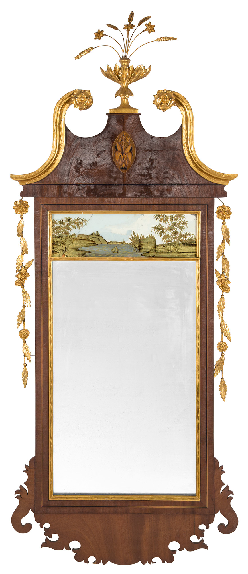 Lot image - Federal Style Parcel Gilt Inlaid Mahogany and Eglomisé Pier Mirror
