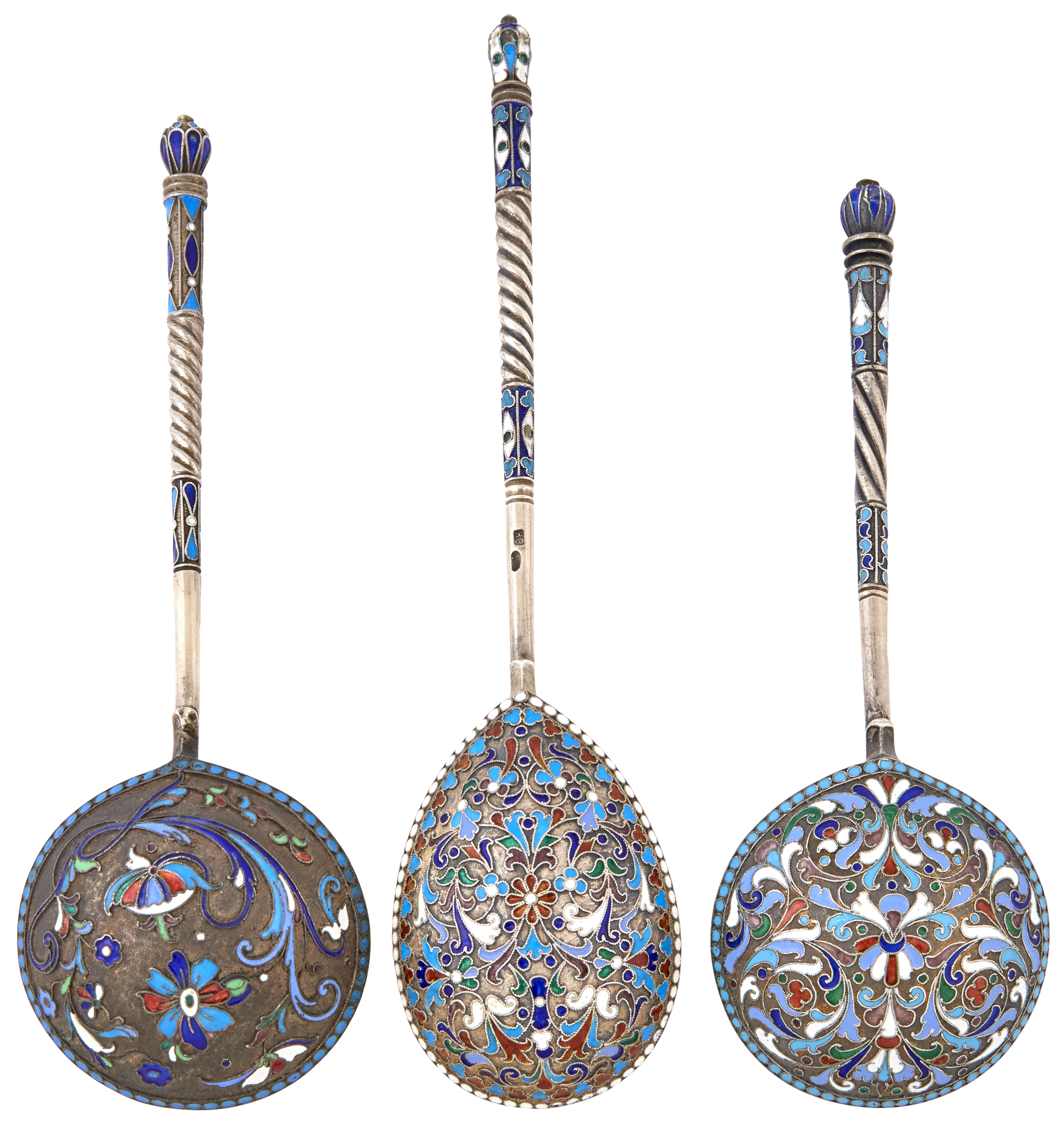 Lot image - Three Russian Silver-Gilt and Cloisonné Enamel Serving Spoons