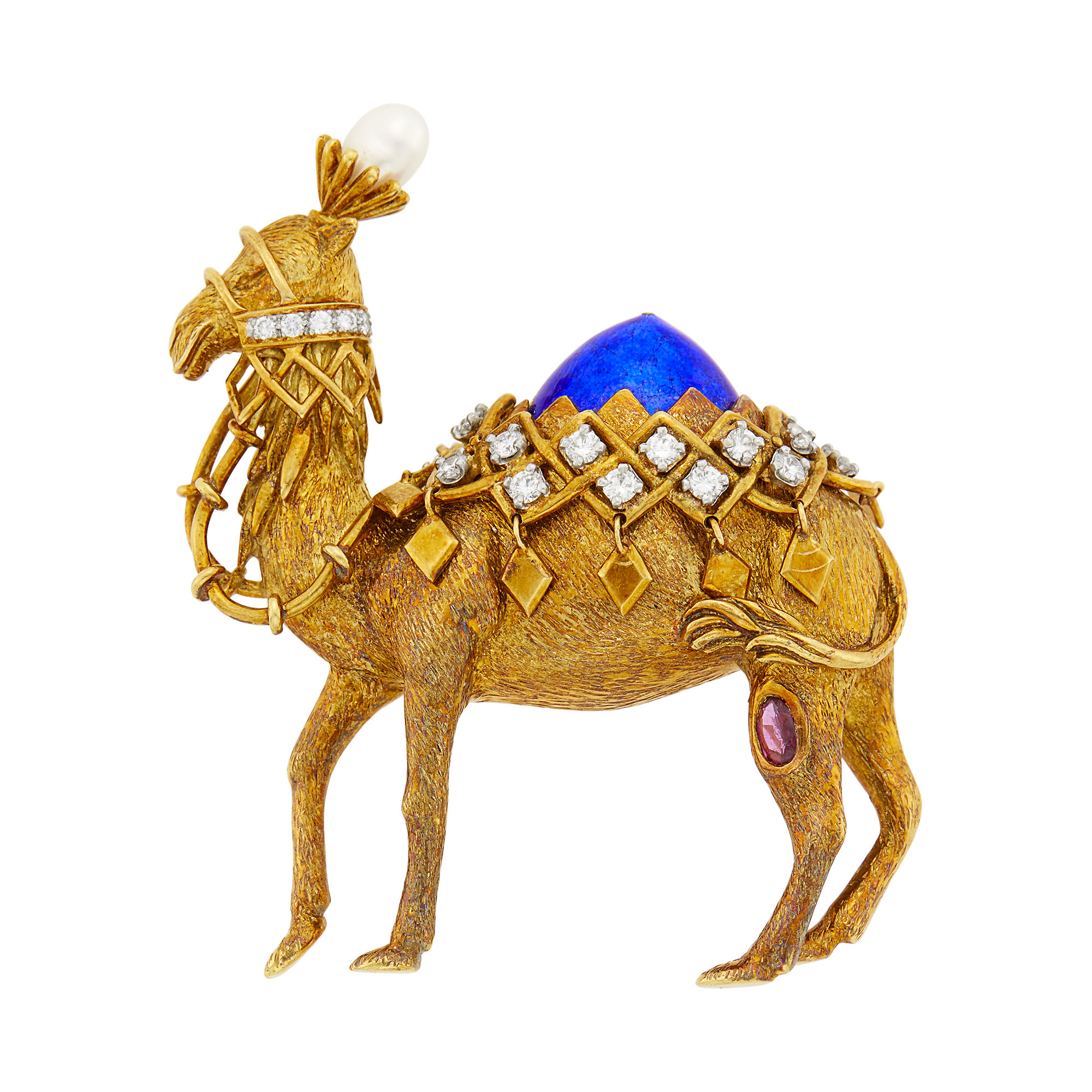 Lot image - Tiffany & Co., Schlumberger Gold, Blue Paillonné Enamel, Diamond, Freshwater Pearl and Pink Sapphire Camel Brooch