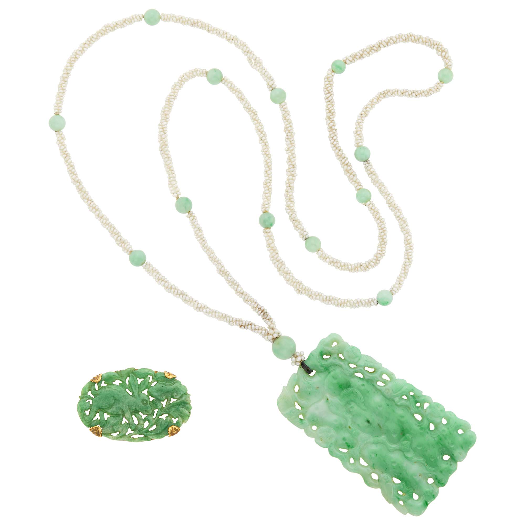 Lot image - Gold and Jade Rabbit Brooch and Carved Jade Pendant with Jade Bead and Seed Pearl Necklace