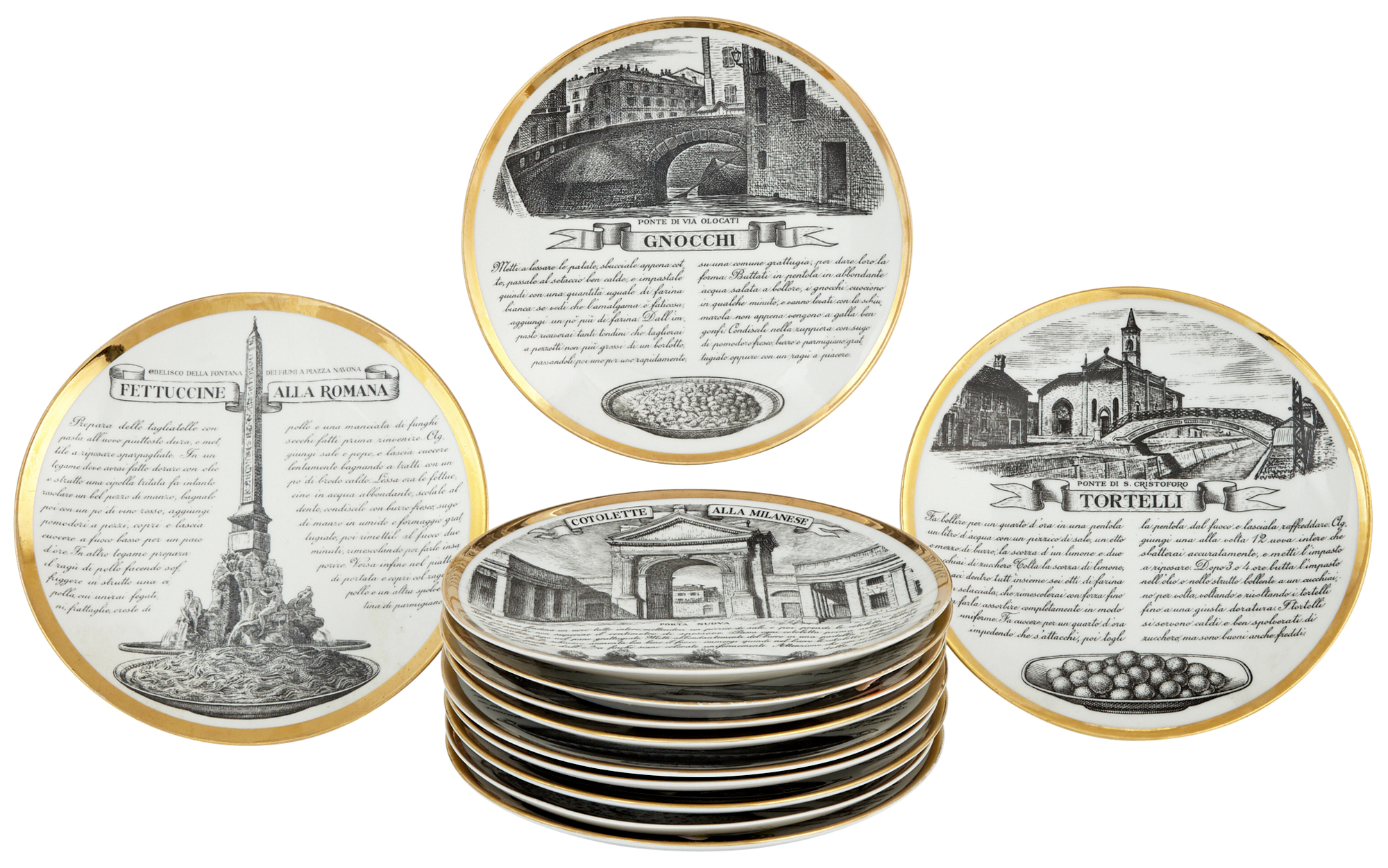 Lot image - Set of Twelve Piero Fornasetti Transfer-Print Decorated Porcelain Recipe Plates