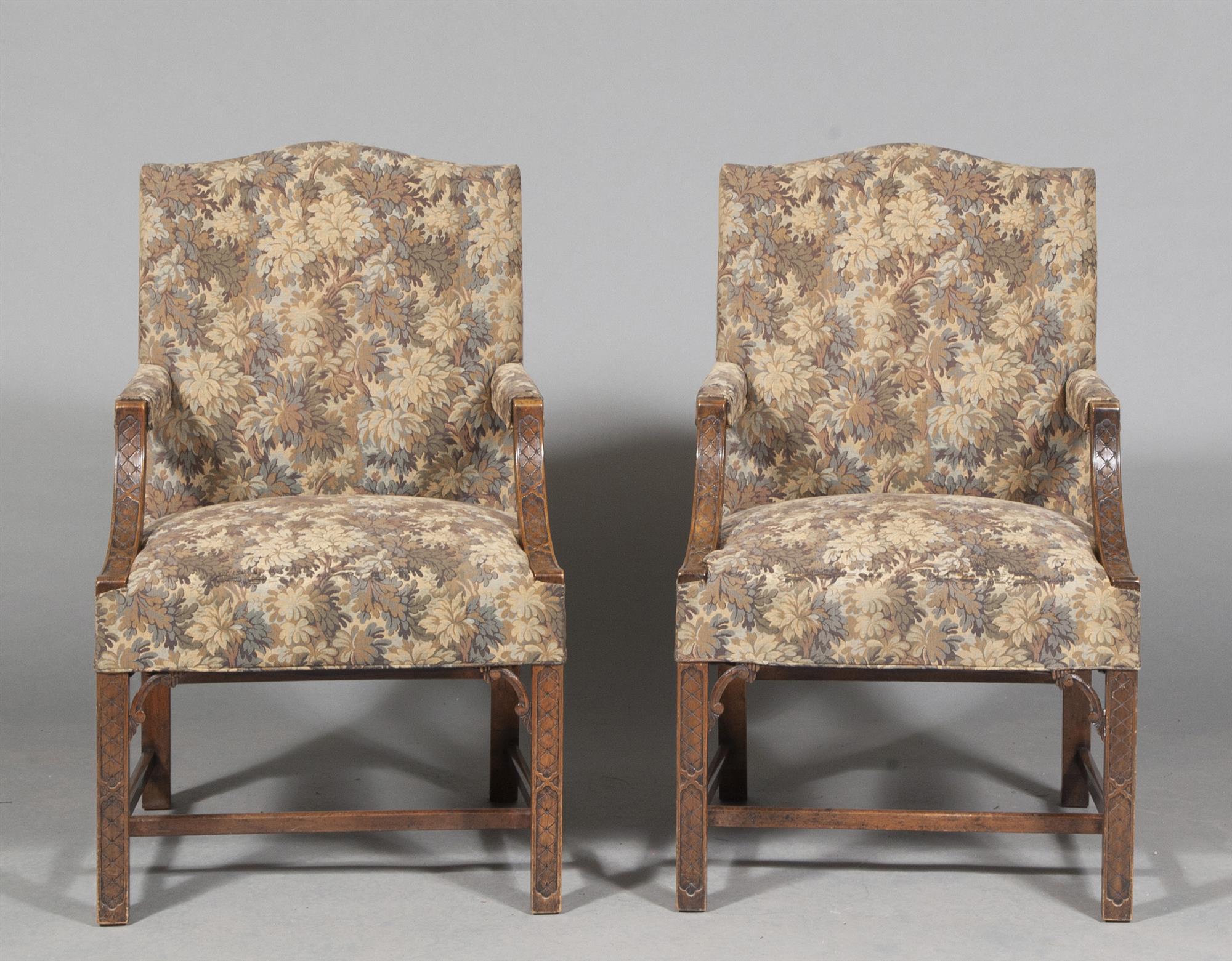 Lot image - Pair of George III Style Upholstered Mahogany Library Armchairs
