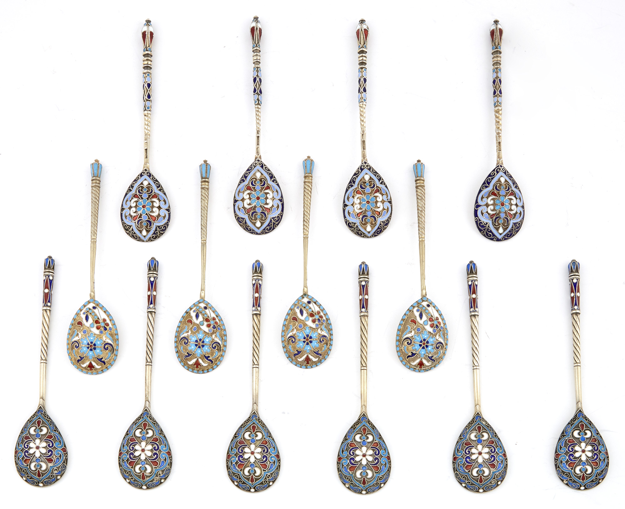 Lot image - Group of Fourteen Russian Silver-Gilt and Cloisonné Enamel Spoons