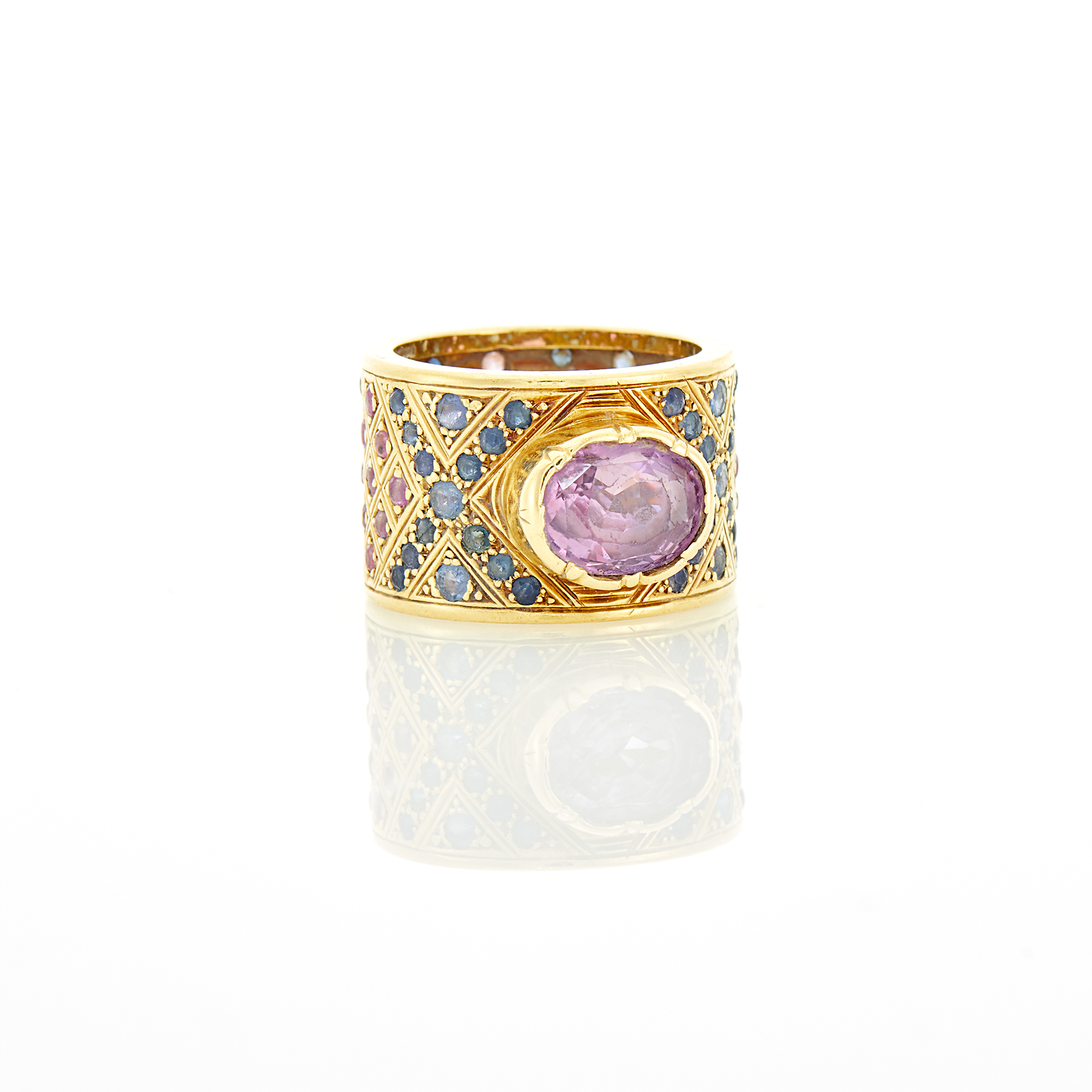 Lot image - Elizabeth Gage Wide Gold, Amethyst, Sapphire and Ruby Ring