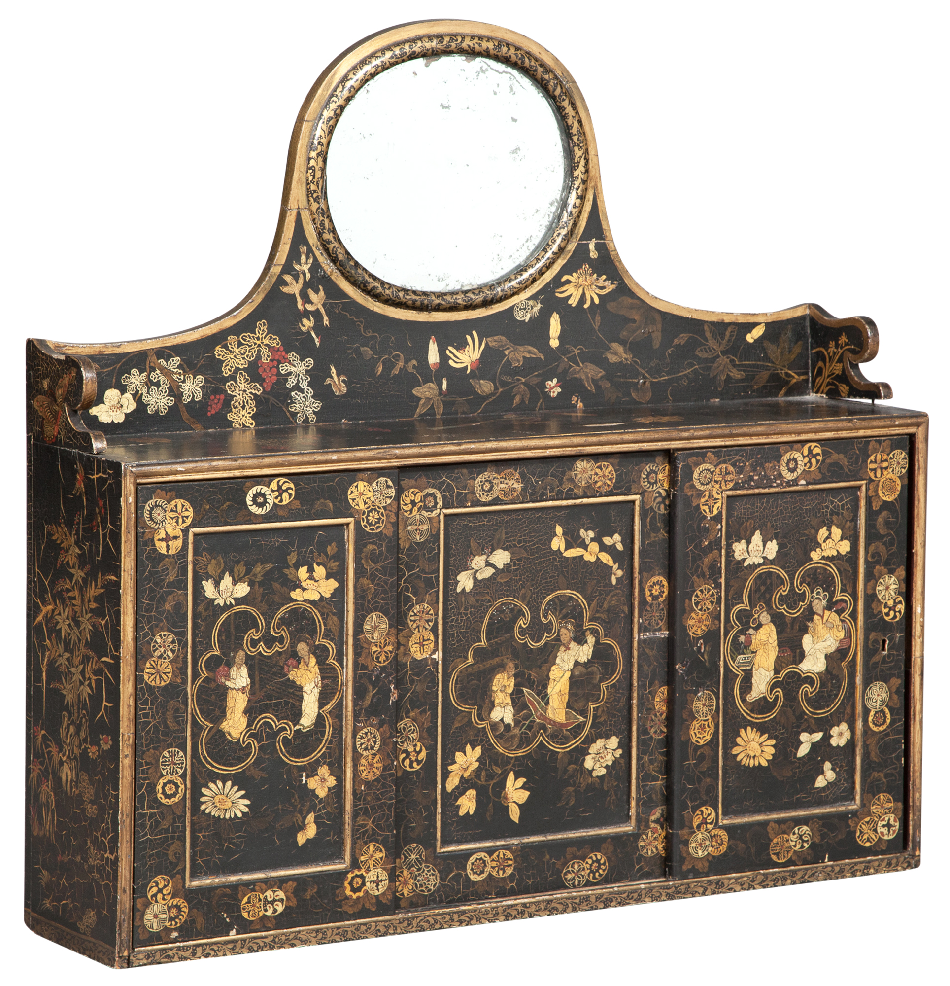Lot image - Victorian Black-and-Japanned and Parcel-Gilt Hanging Cabinet with Mirror