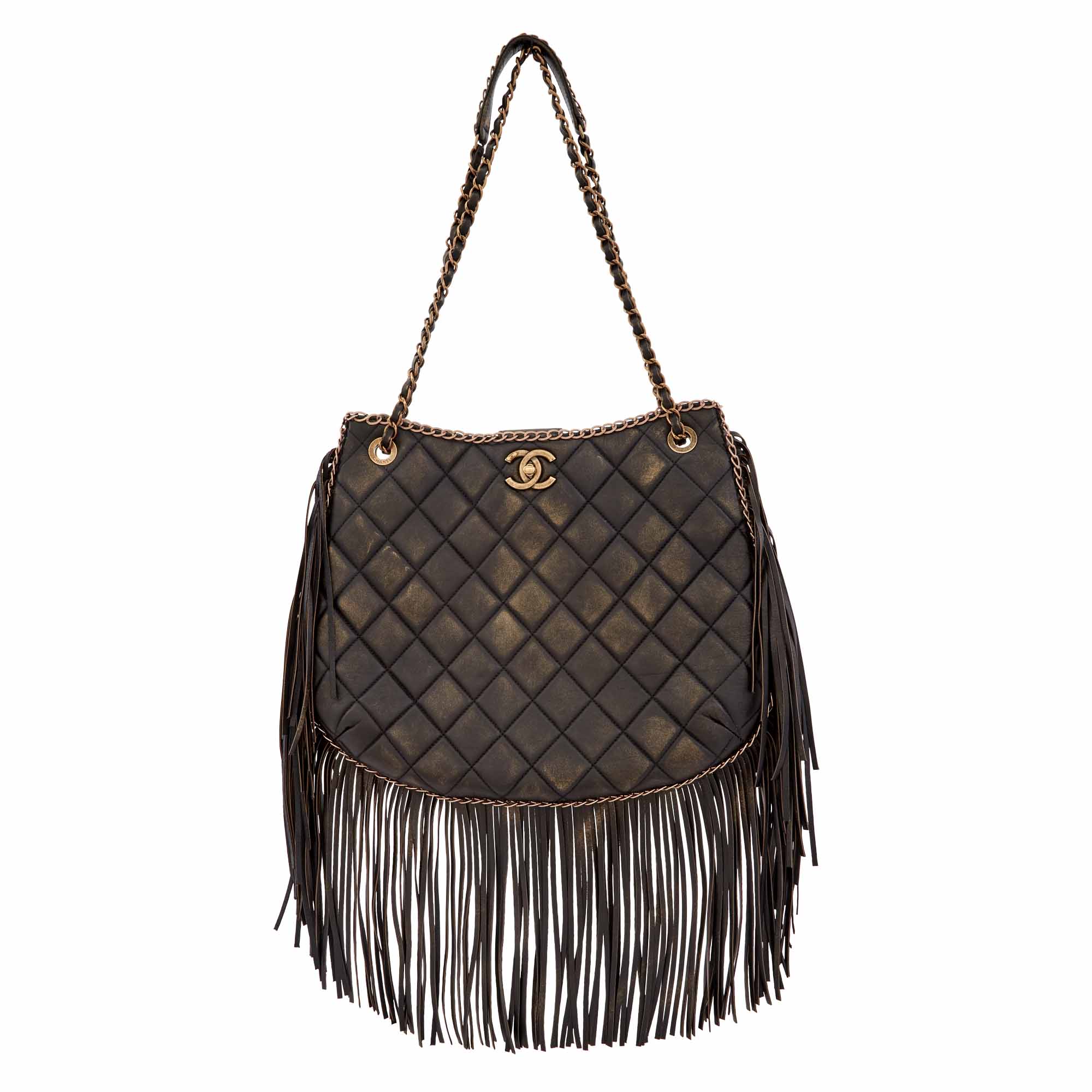 Lot image - Chanel Black Quilted Distressed Calfskin Into The Fringe Hobo Bag