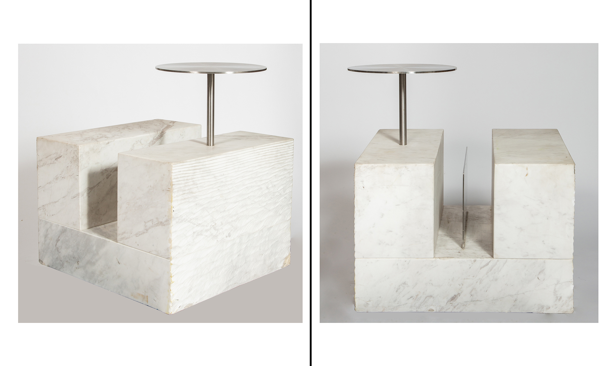 Lot image - Pair of Marble and Brushed Steel Magazine End Tables