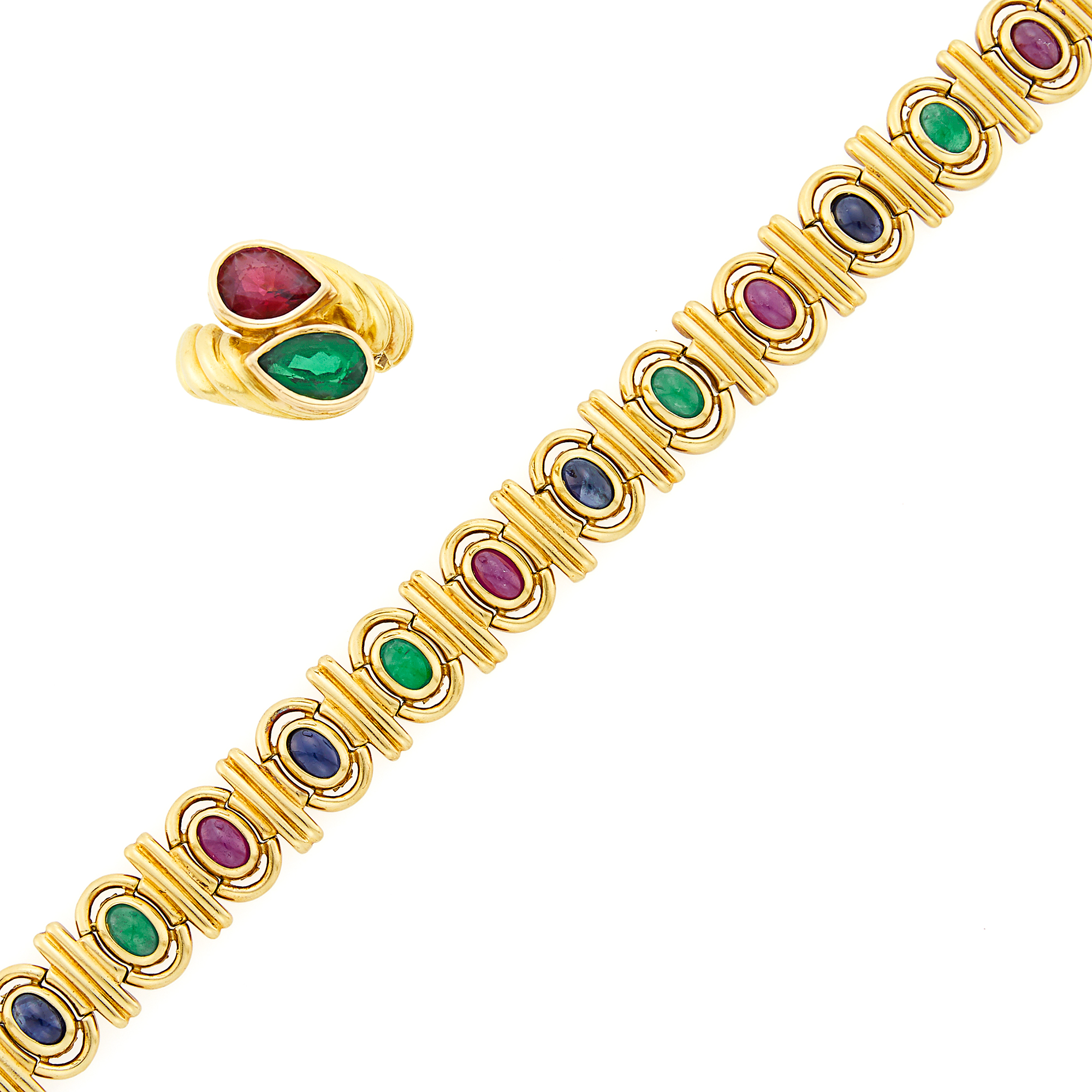 Lot image - Gold, Cabochon Sapphire, Emerald and Ruby Bracelet and Pink and Green Tourmaline Ring