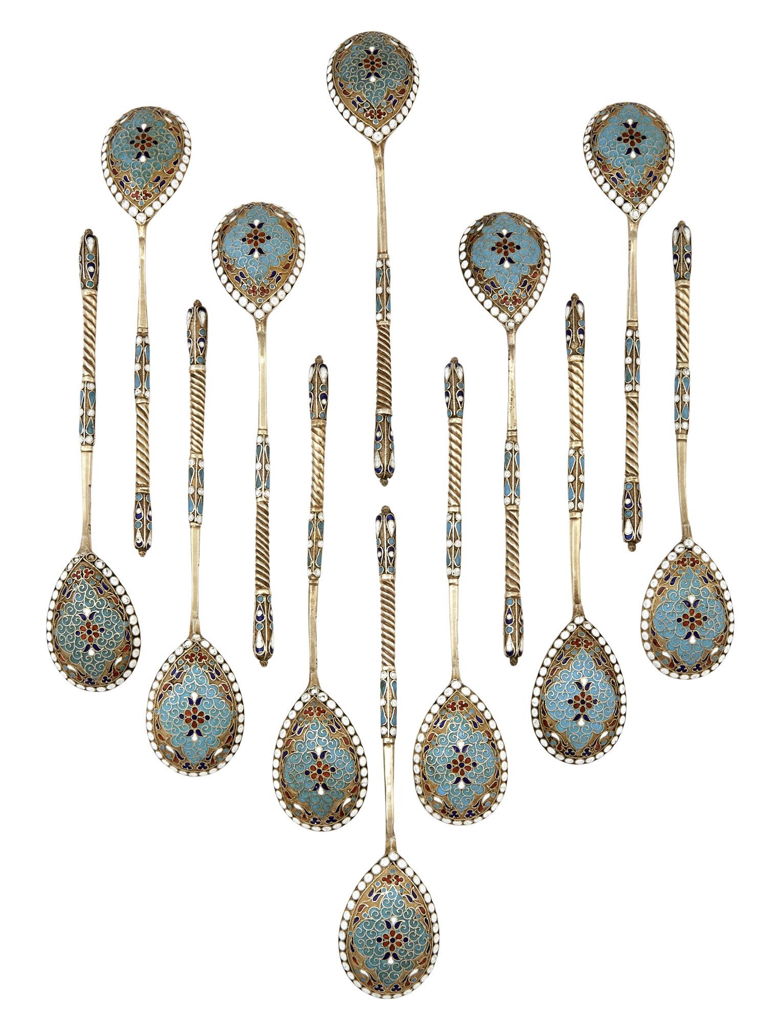 Lot image - Set of Twelve Russian Silver-Gilt and Cloisonné Enamel Teaspoons