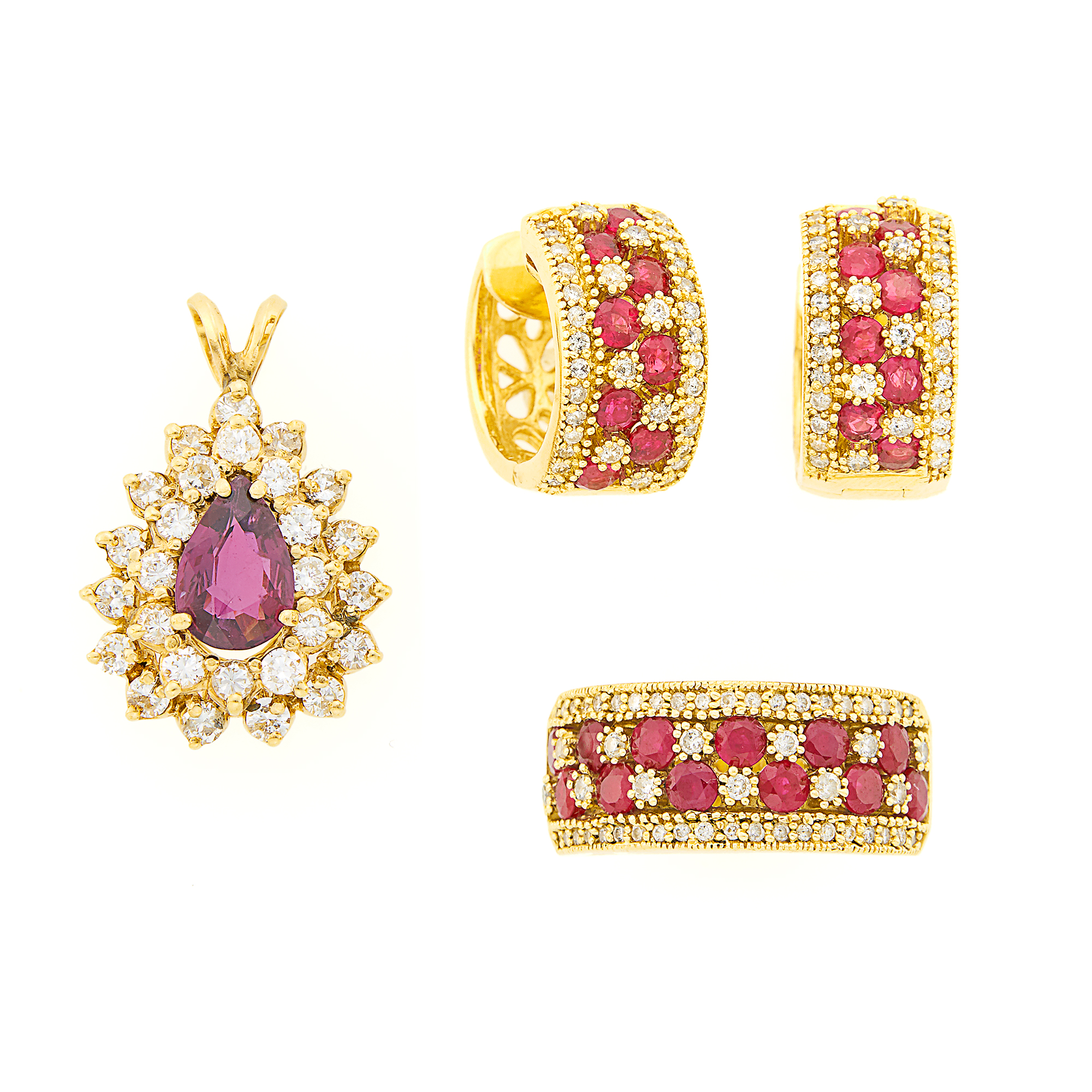 Lot image - Pair of Gold, Ruby and Diamond Huggie Earrings and Ring and Garnet and Diamond Pendant