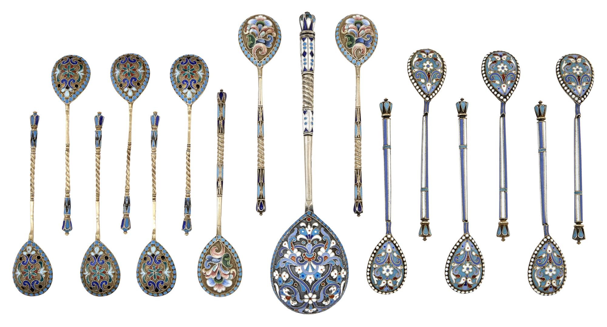 Lot image - Group of Sixteen Russian Silver-Gilt and Cloisonné Enamel Spoons