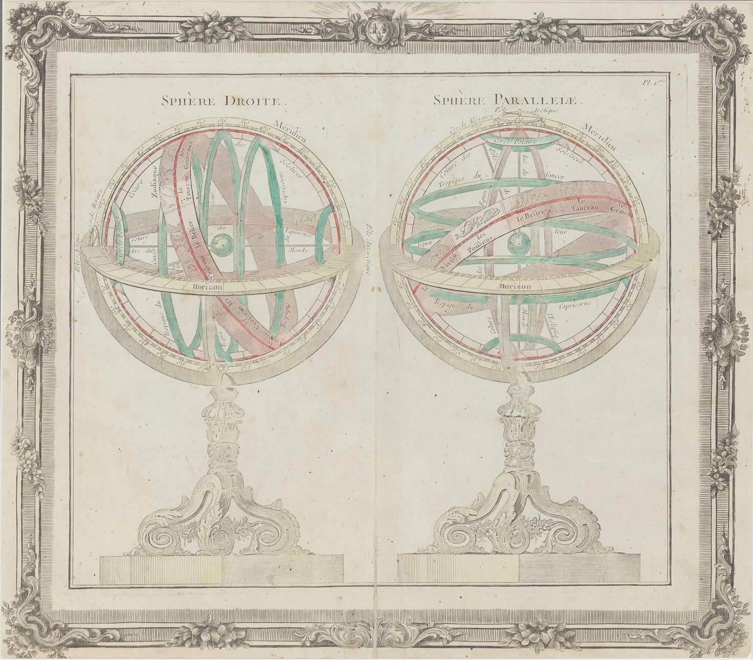 Lot image - [CELESTIAL]  [DE LA TOUR, BRION]. A pair of prints depicting four Armillary Spheres in various configurations,