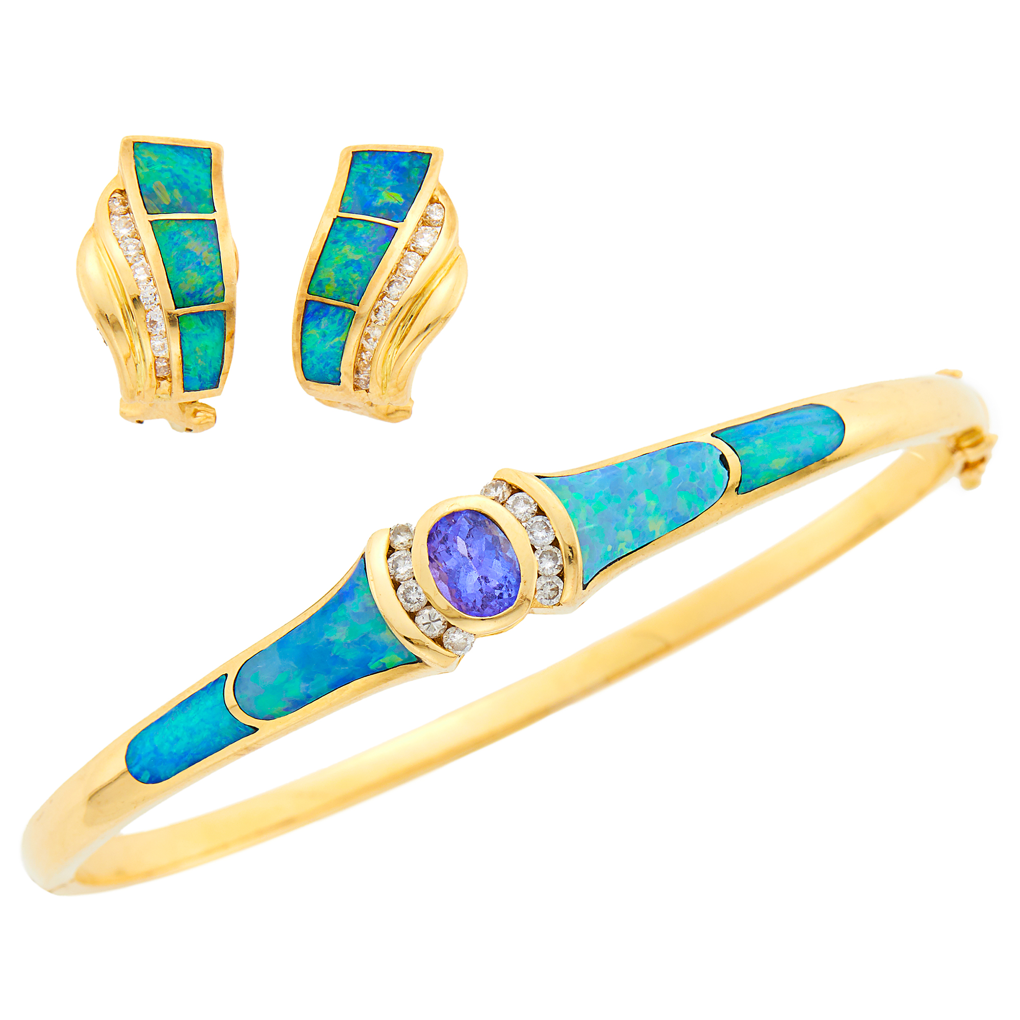 Lot image - Gold, Black Opal, Tanzanite and Diamond Bangle Bracelet and Pair of Earrings