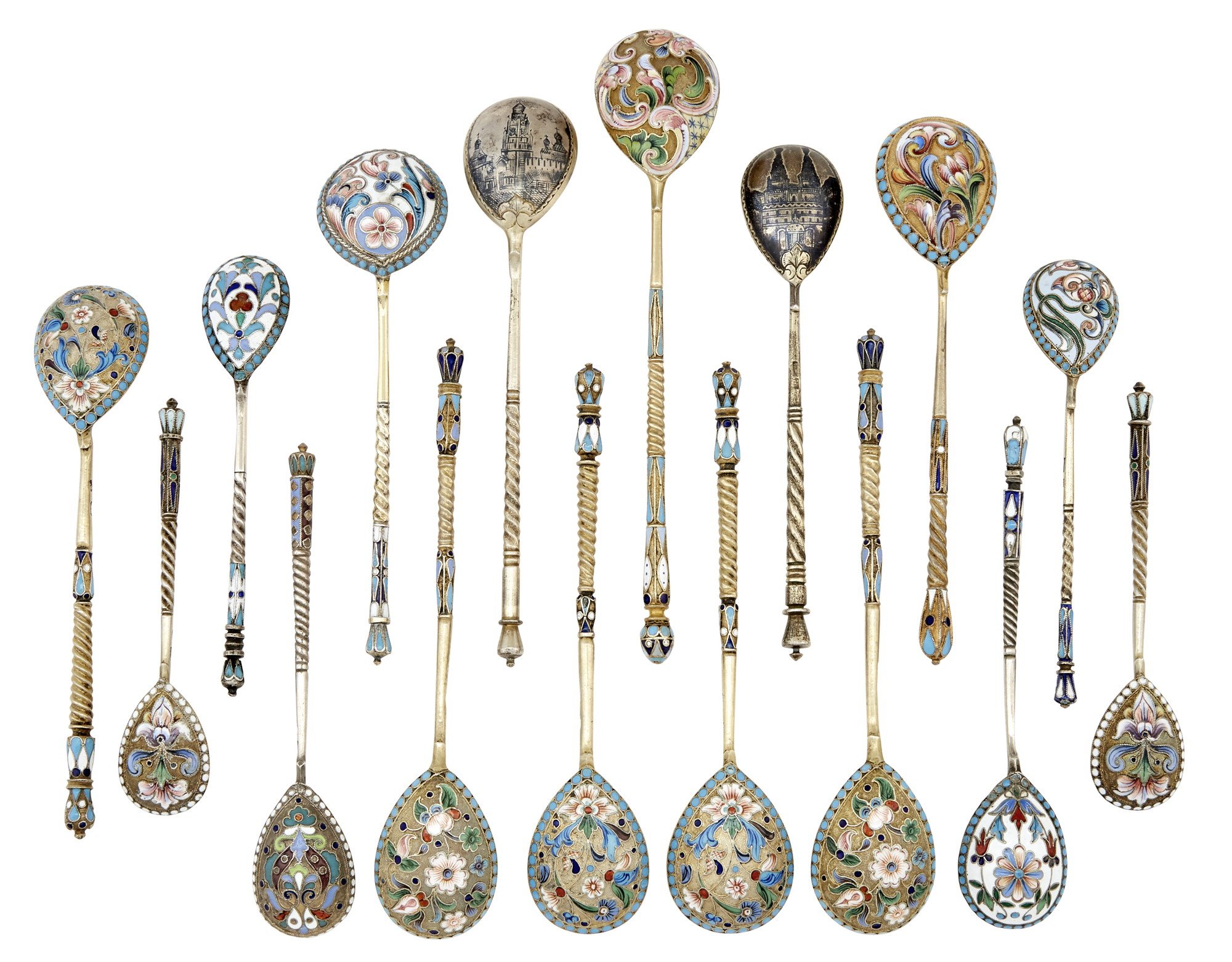 Lot image - Group of Sixteen Russian Silver-Gilt, Niello and Cloisonné Enamel Spoons