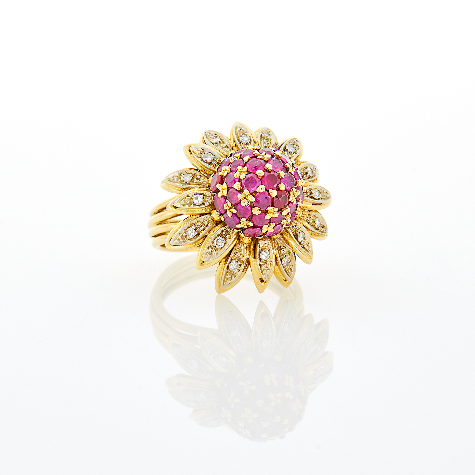 Lot image - Gold, Ruby and Diamond Flower Ring