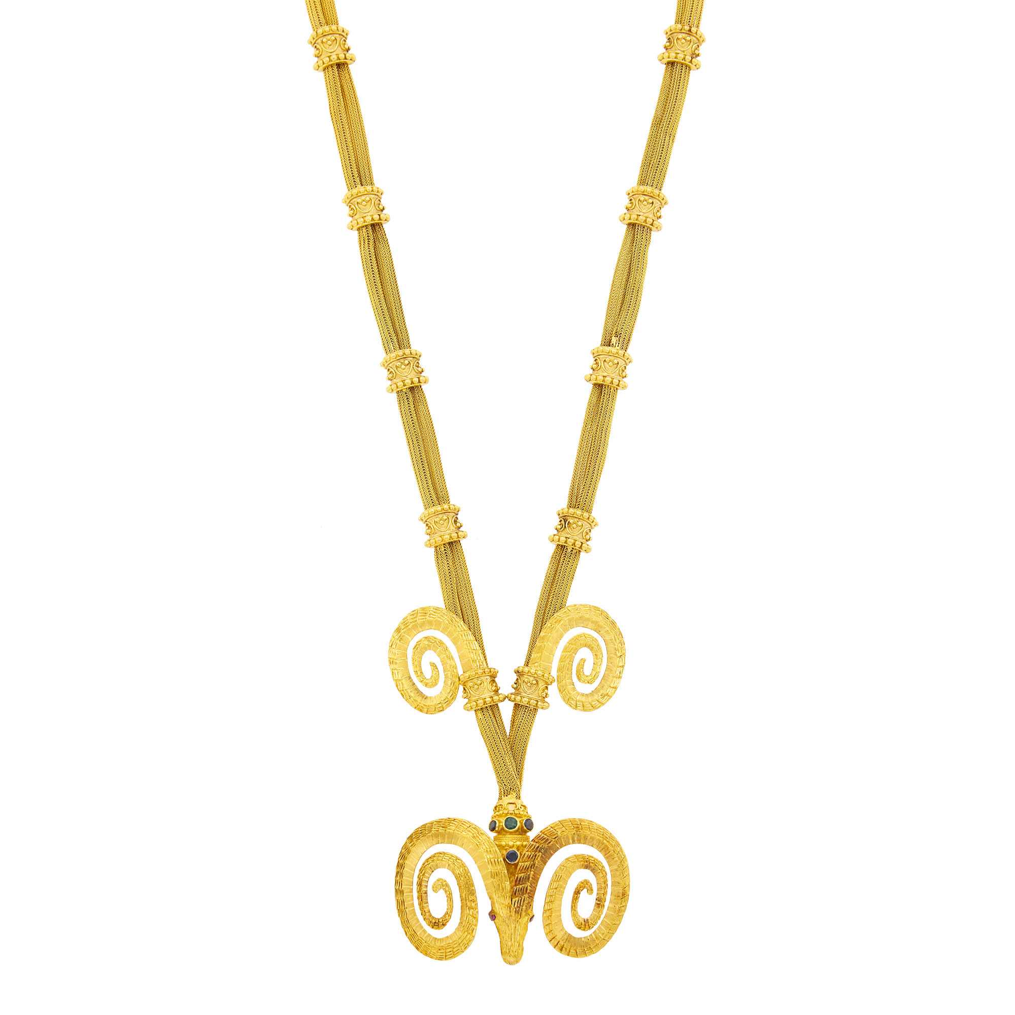 Lot image - Ilias Lalaounis Double Strand Gold Mesh and Gem-Set Rams Head Necklace