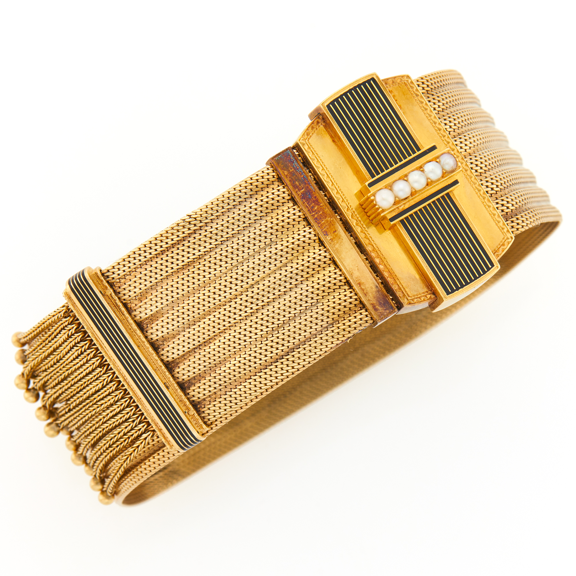 Lot image - Antique Gold, Black Enamel and Split Pearl Slide Fringe Bracelet