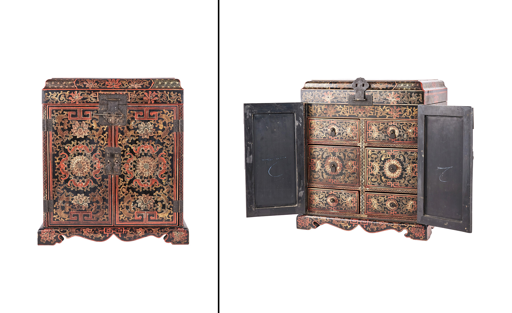 Lot image - A Pair of Chinese Brass Mounted Black and Red Gilt Decorated Lacquered Chests