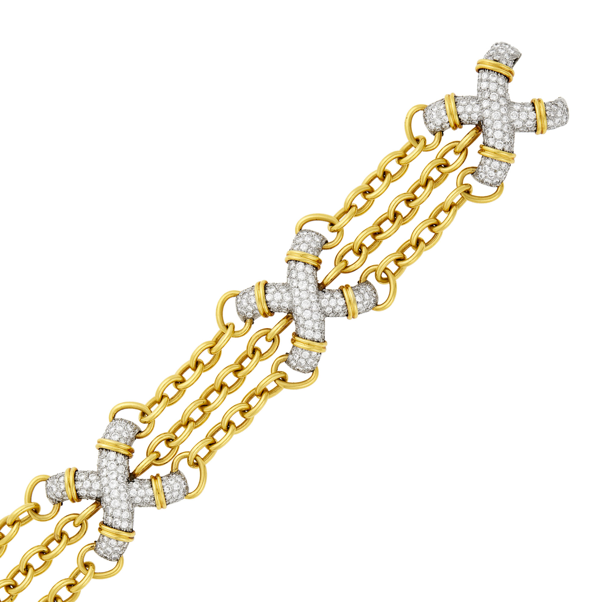 Lot image - Tiffany & Co., Schlumberger Triple Strand Gold, Platinum and Diamond X Bracelet
