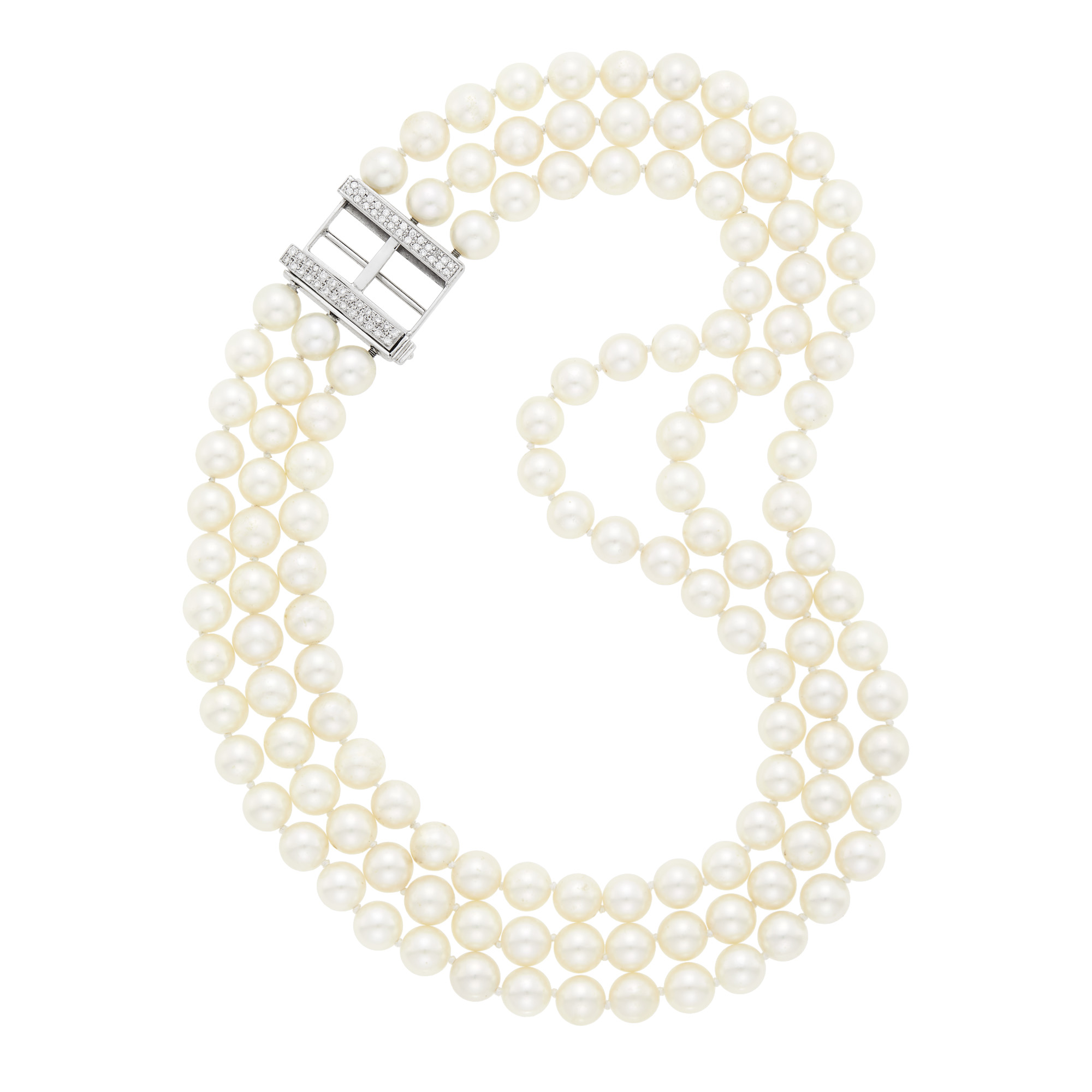 Lot image - Three Strand Cultured Pearl Necklace with Low Karat White Gold and Diamond Clasp