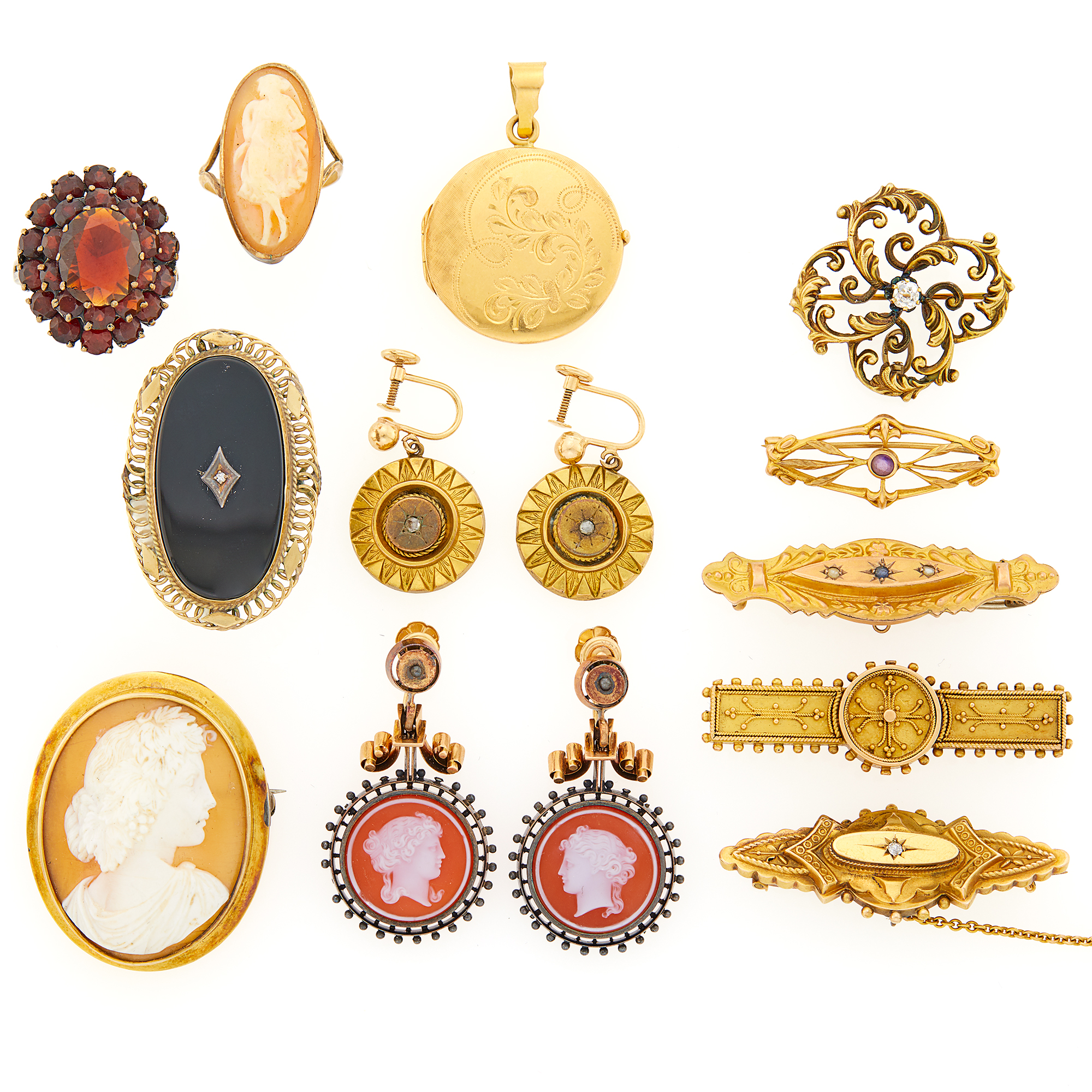 Lot image - Group of Antique and Period Gold, Low Karat Gold, Silver, Gold-Filled, Shell, Hardstone, Garnet and Diamond Jewelry