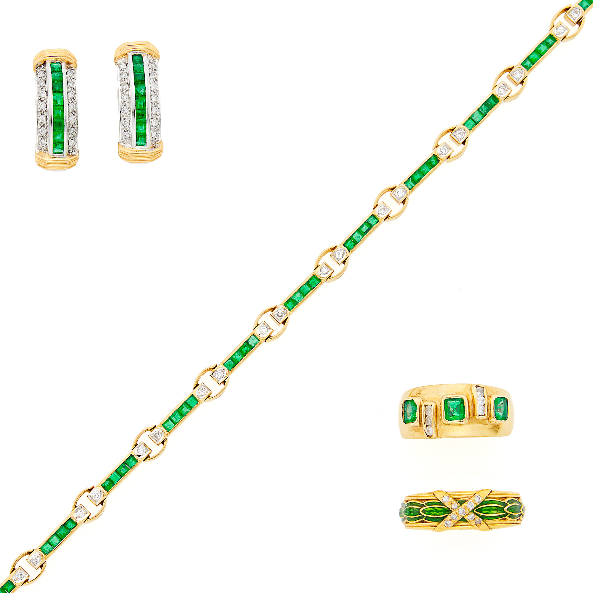 Lot image - Group of Gold, White Gold, Emerald and Diamond Jewelry and Green Enamel Band Ring