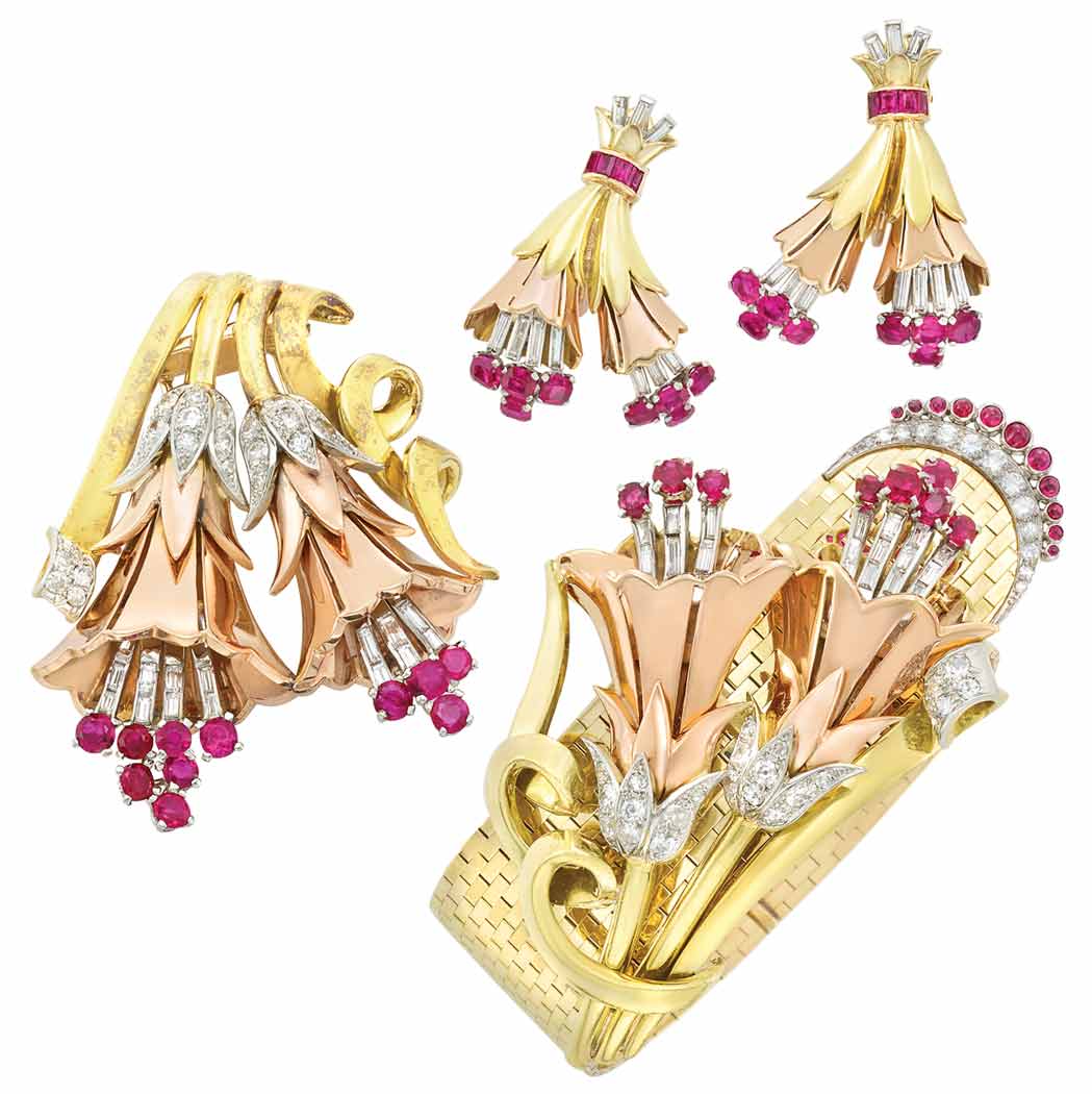 Lot image - Retro Two-Color Gold, Platinum, Diamond and Ruby Bangle Bracelet, Cartier, Clip-Brooch, France, and Pair of Earclips