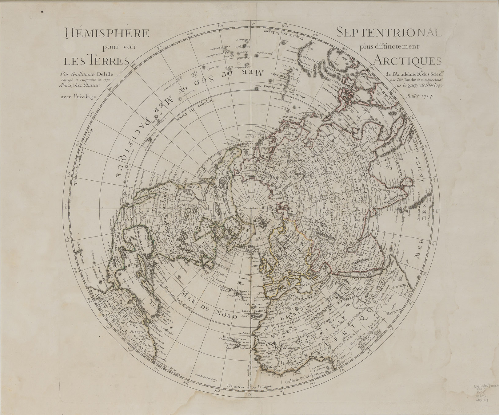 Lot image - [MAP - POLAR]   DELISLE, GUILLAUME; corrected and revised by PHILIPPE BAUCHE. Hemisphere Septentrionale pour voir plus distinctment les Terres Arctiques.