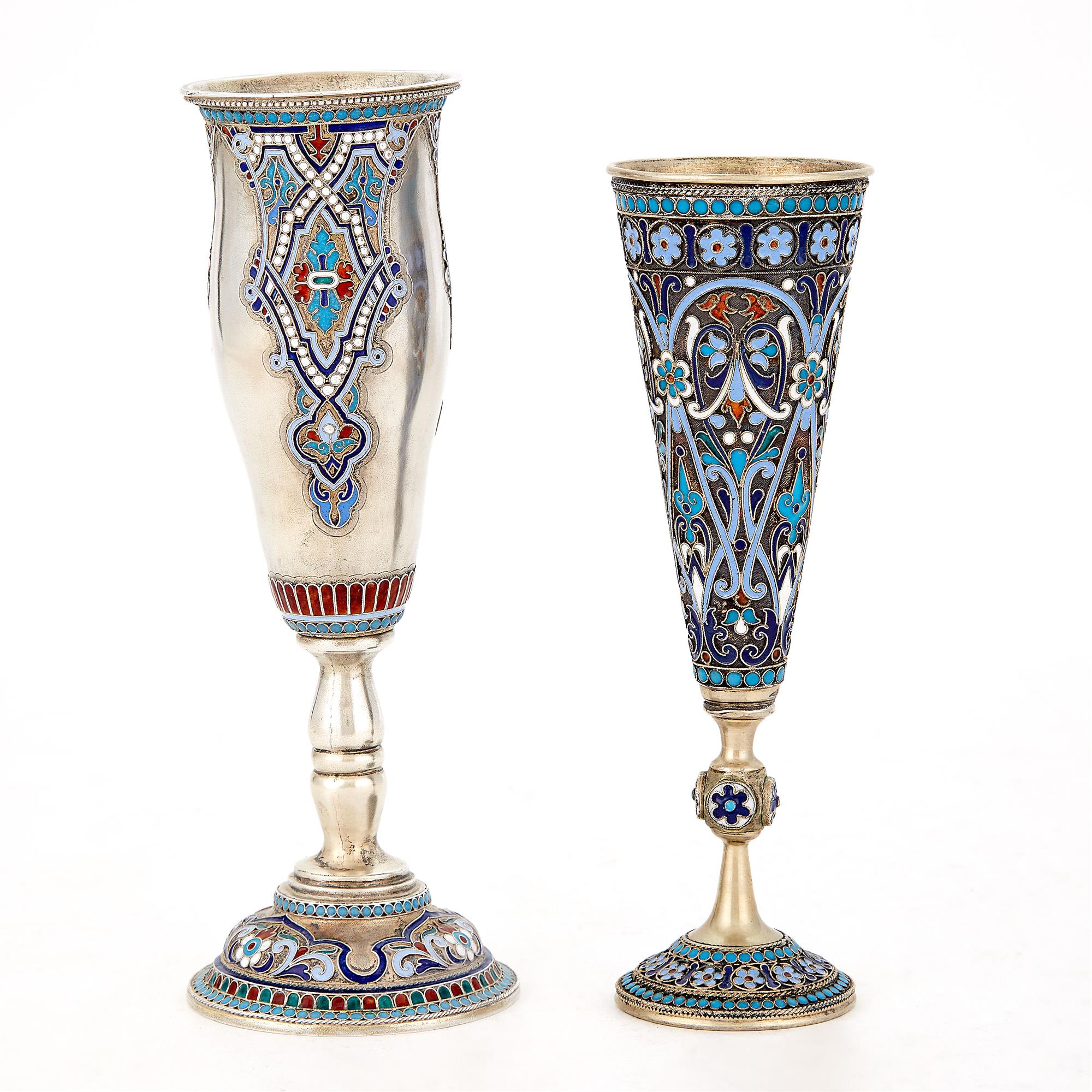 Lot image - Two Russian Silver and Cloisonné Enamel Flutes