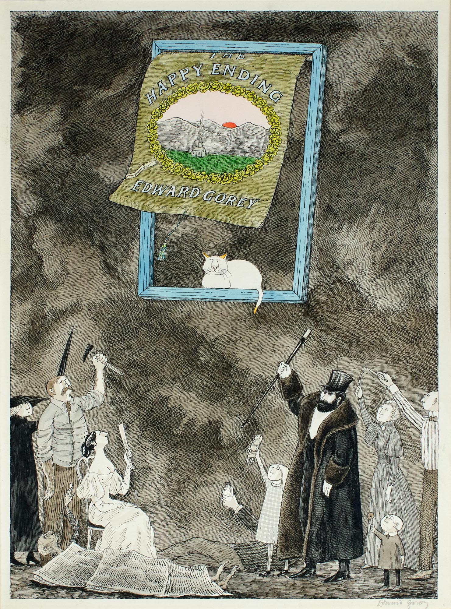 Lot image - [ILLUSTRATION ART]  EDWARD GOREY. The Happy Ending [from National Lampoon, March, 1973].