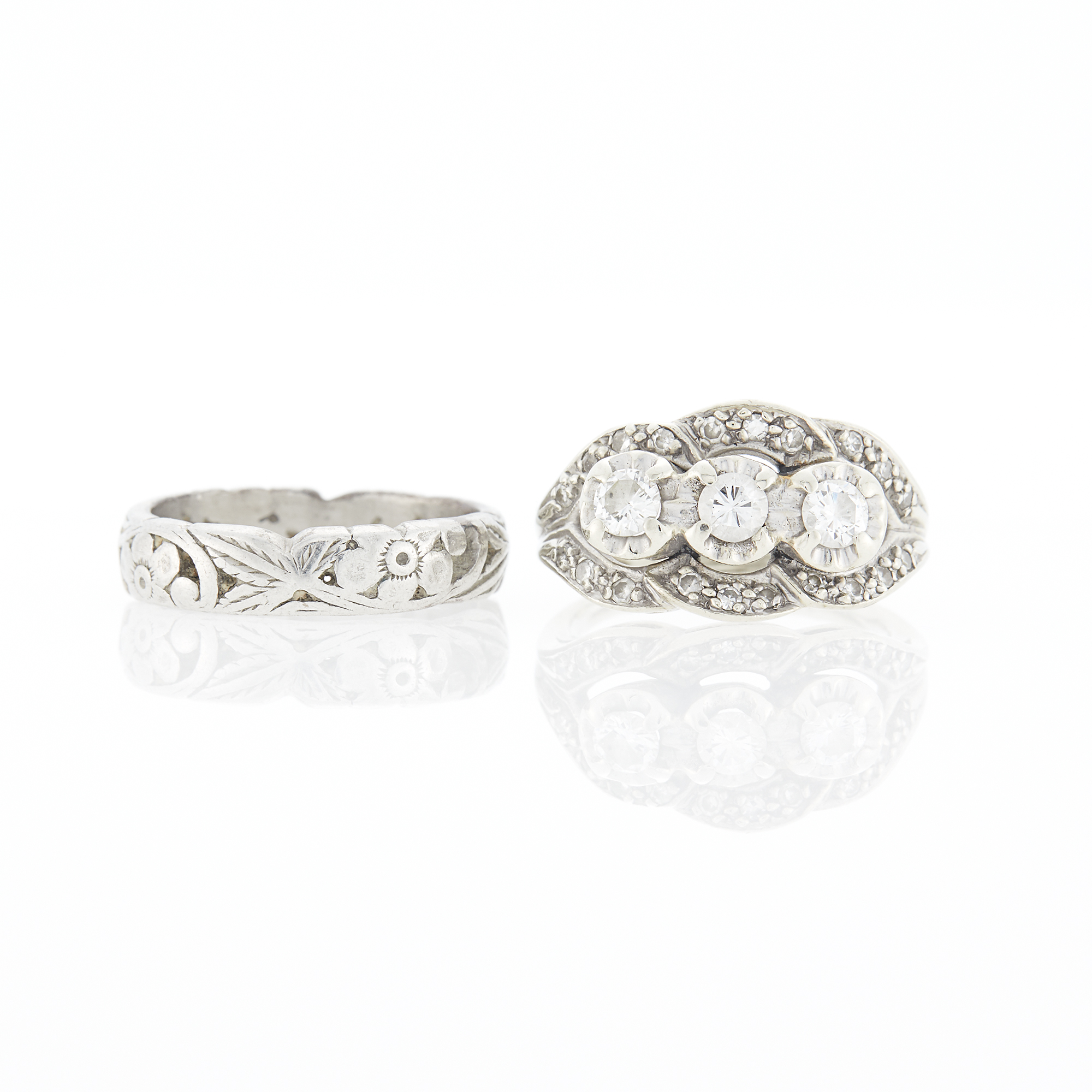 Lot image - White Gold-Plated Palladium and Diamond Ring and Platinum Band Ring