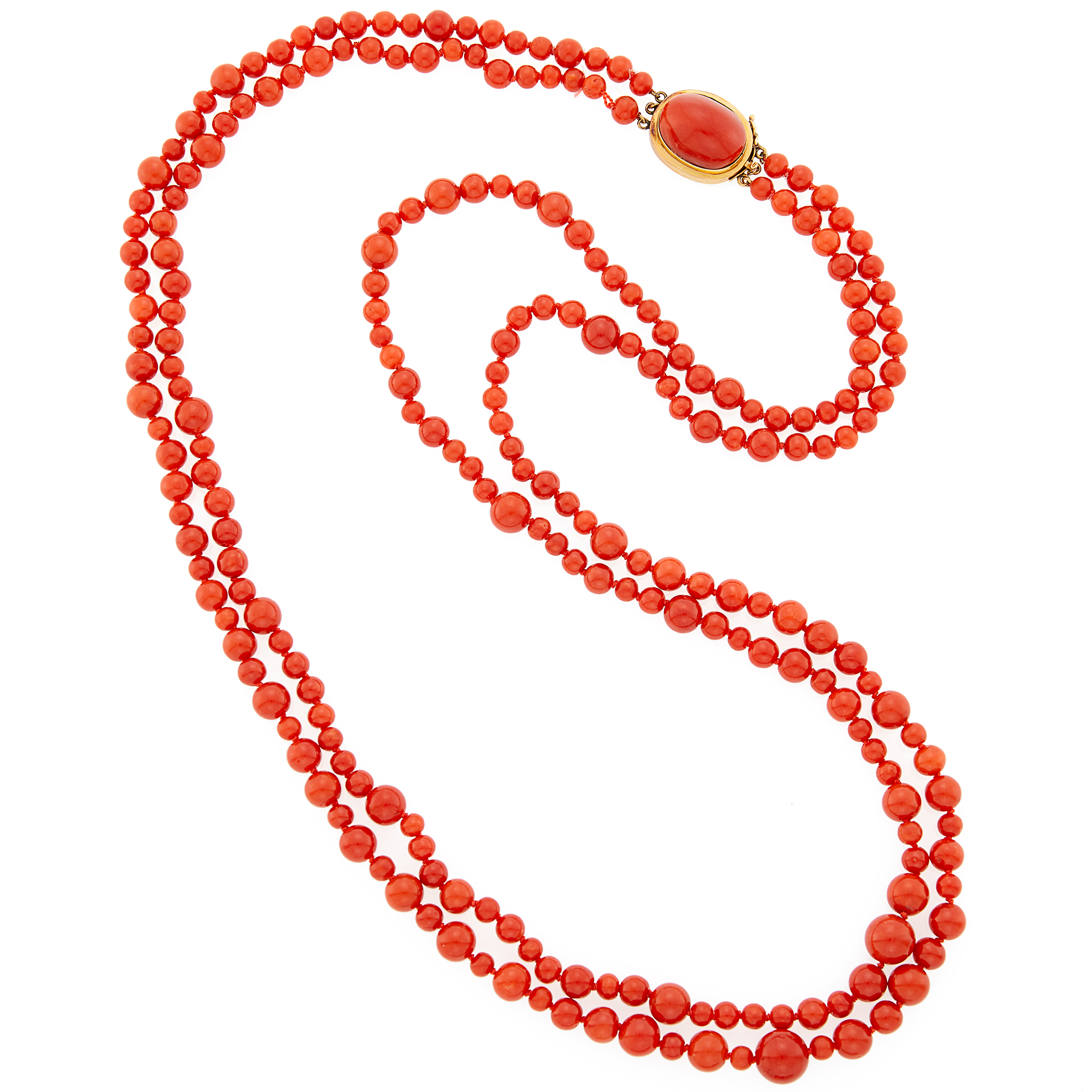 Lot image - Long Double Strand Coral Bead Necklace with Gold and Coral Clasp