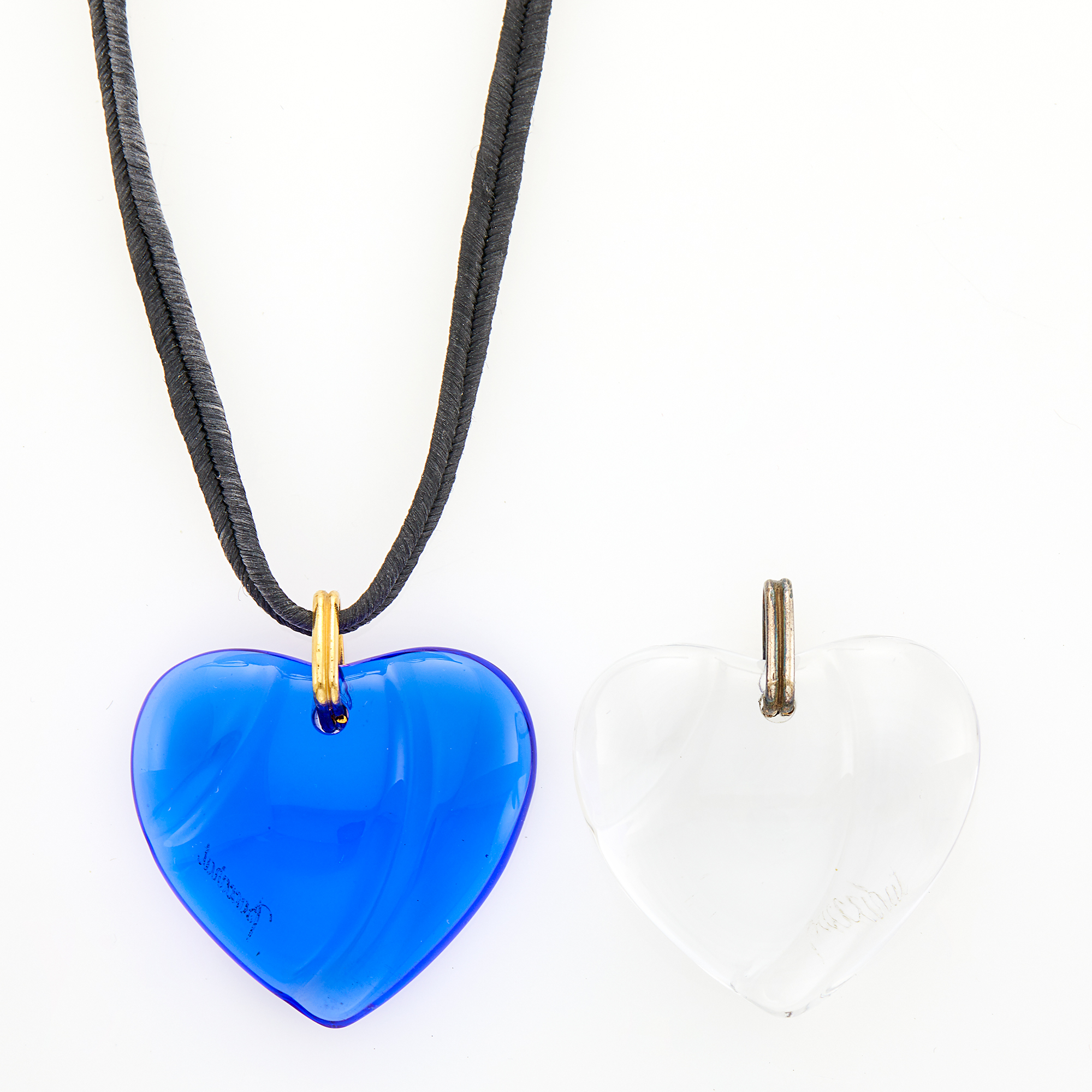 Lot image - Baccarat Blue and Clear Glass Heart Pendant with Black Cord Necklace