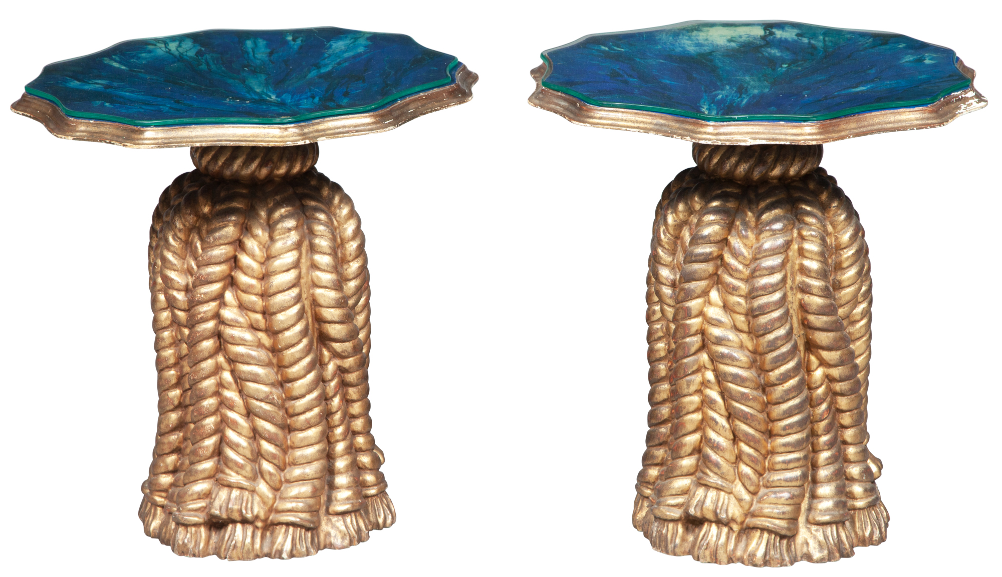 Lot image - Pair of Giltwood and Faux Lapis Lazuli-Painted Tassel-Form Occasional Tables
