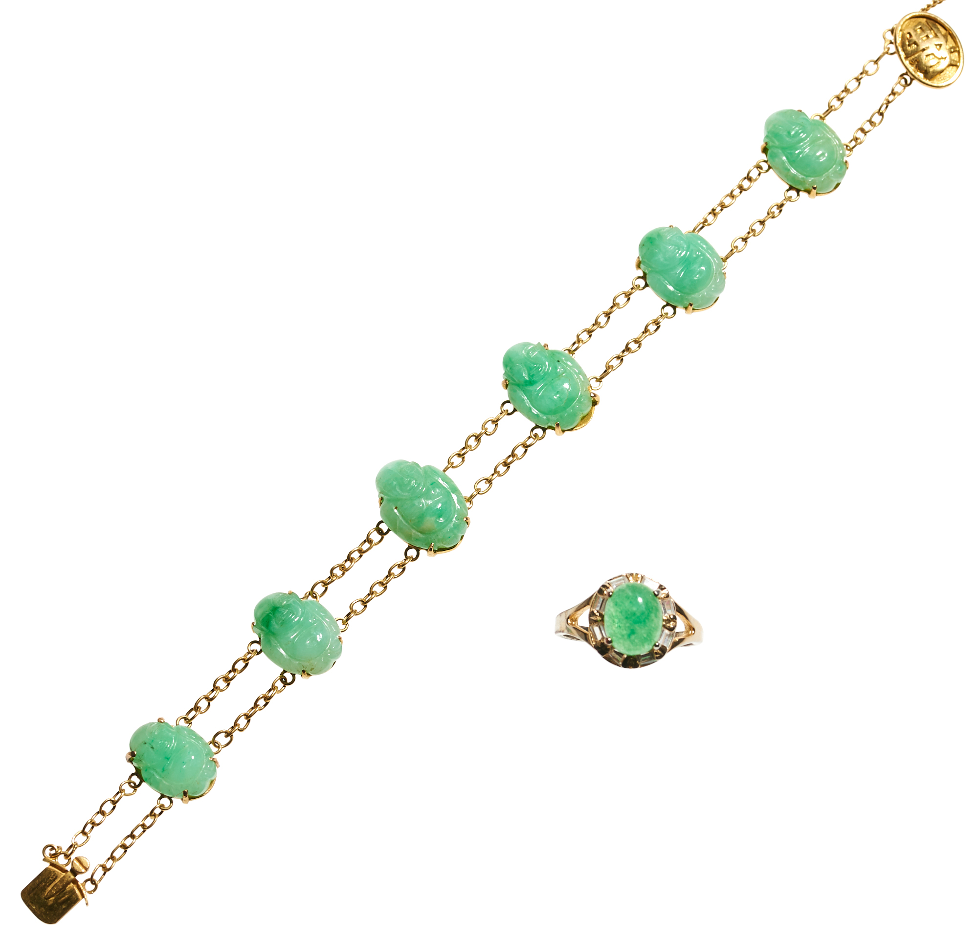 Lot image - A Chinese Jadeite Bracelet Together With a Chinese Jadeite Ring