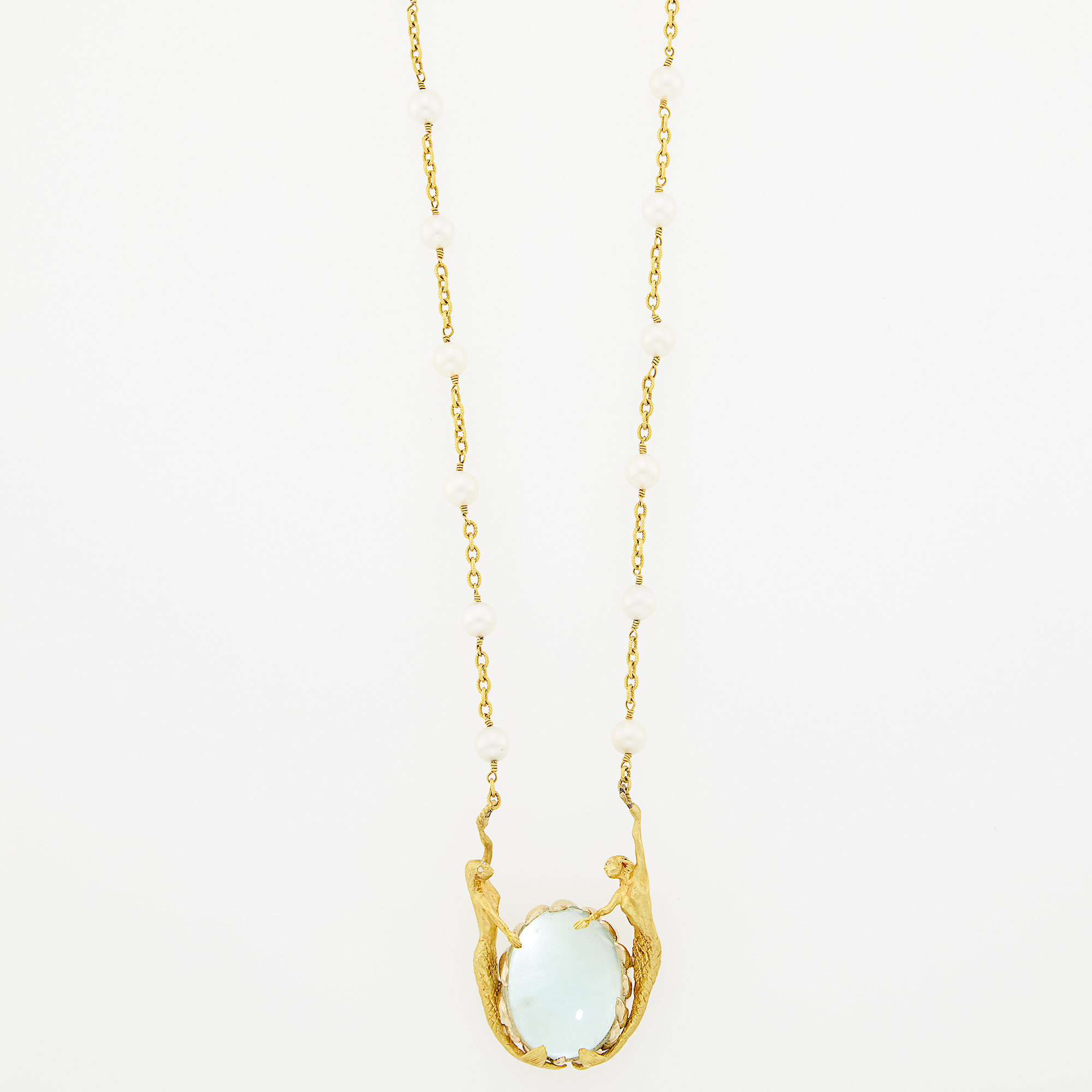 Lot image - Onofrio DOro Gold, Cabochon Aquamarine and Cultured Pearl Mermaid Pendant-Necklace