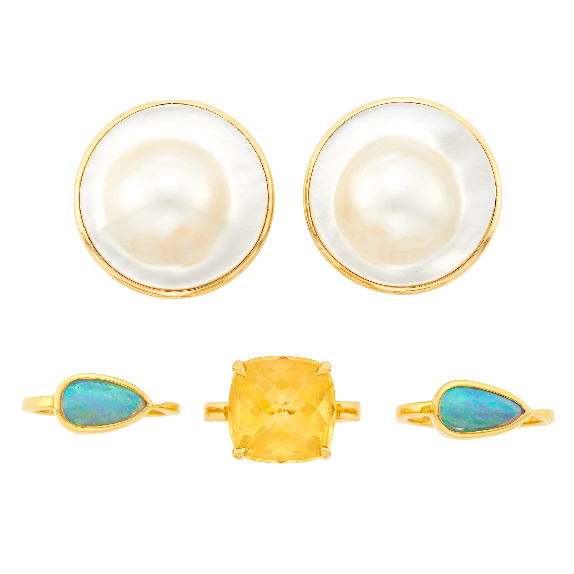 Lot image - Pair of Gold and Opal Rings, Tiffany & Co. Gold and Citrine Ring and Pair of Gold and Mabé Pearl Earclips