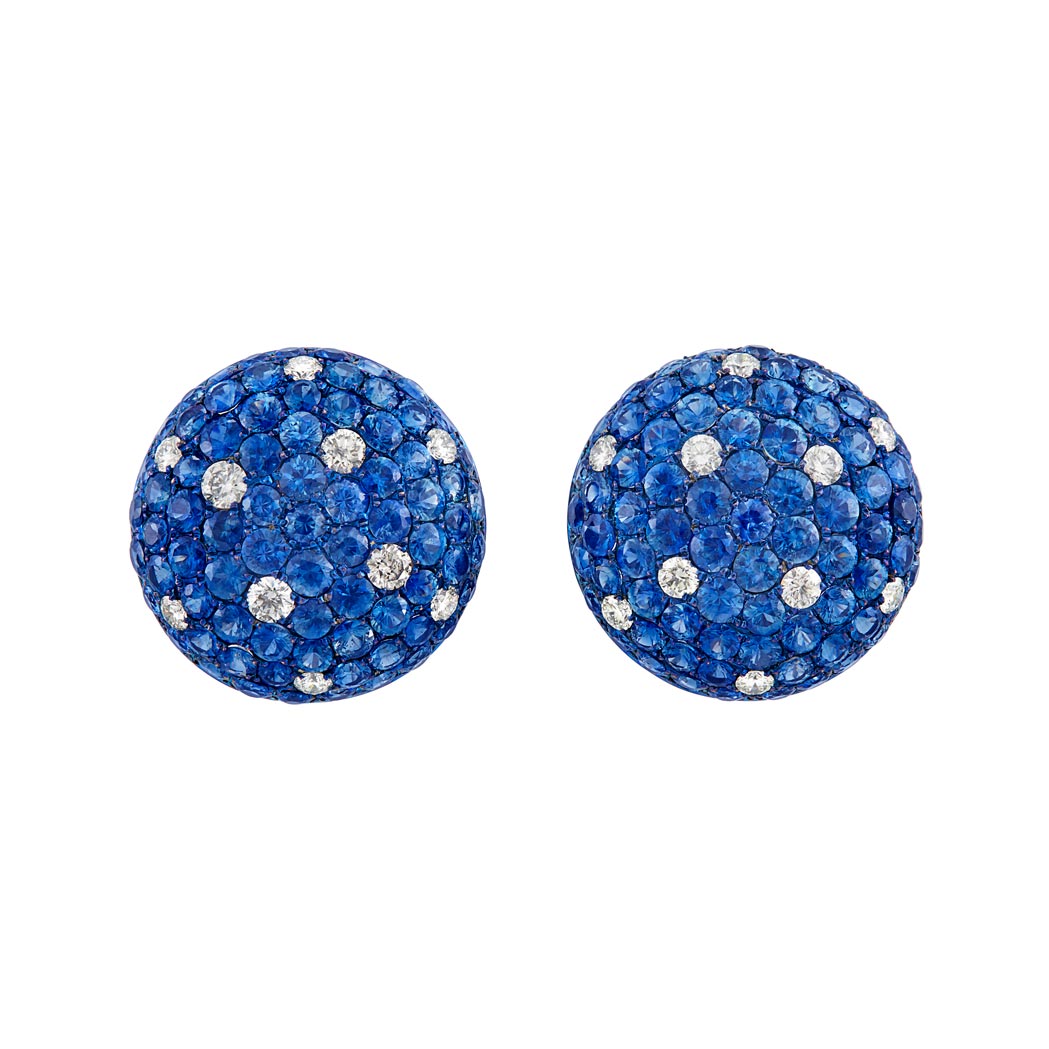 Lot image - Pair of White Gold, Titanium, Sapphire and Diamond Bombe Earrings