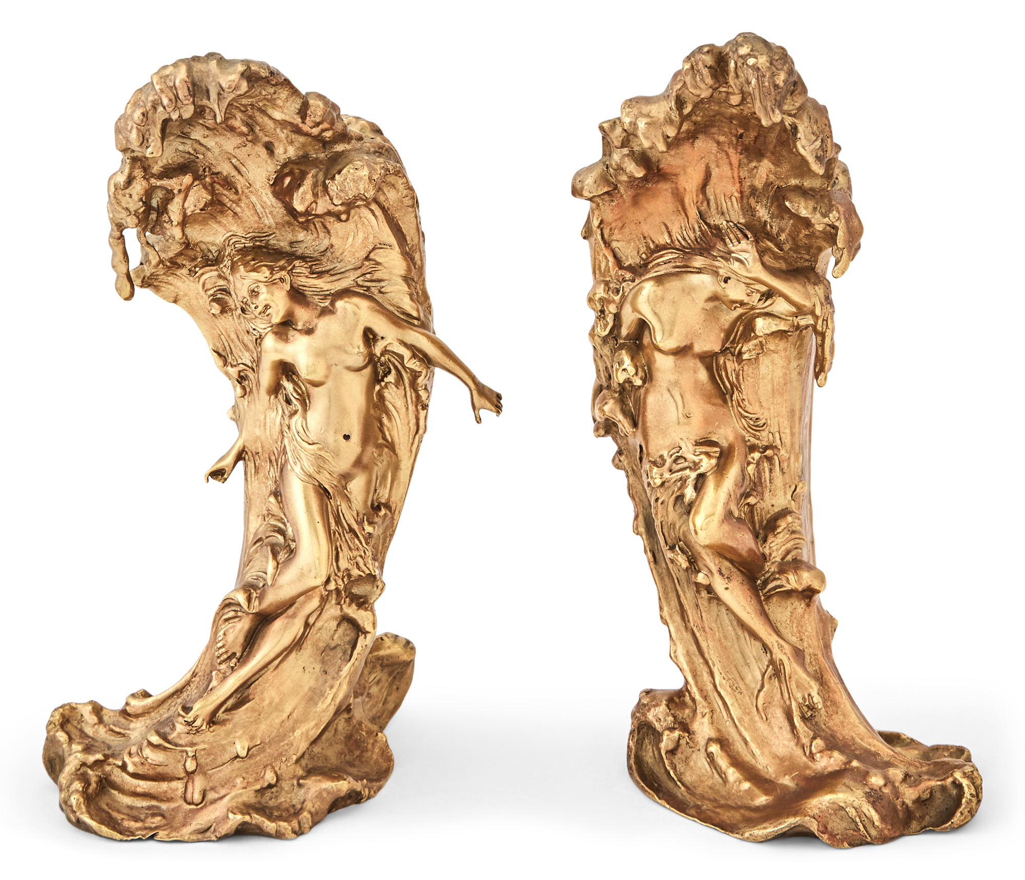 Lot image - Pair of Austrian Art Nouveau Gilt-Bronze Figural Bud Vases