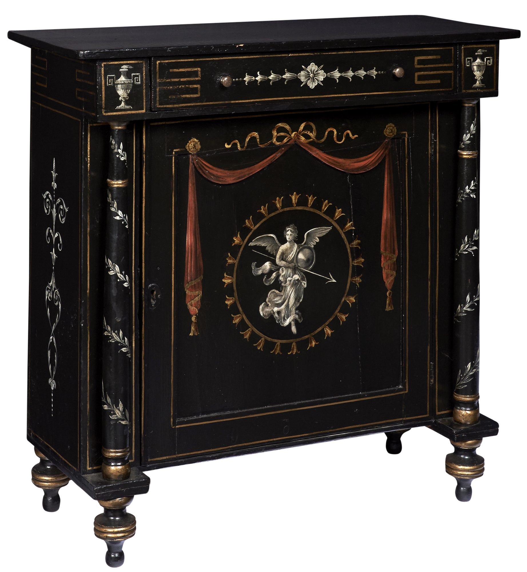 Lot image - Neoclassical Style Black Painted Decorated Cabinet