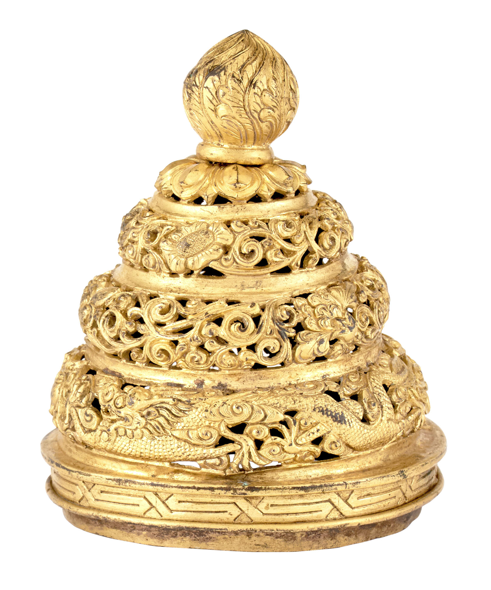 Lot image - A Tibetan Pierced Gilt Copper Alloy Censer Cover